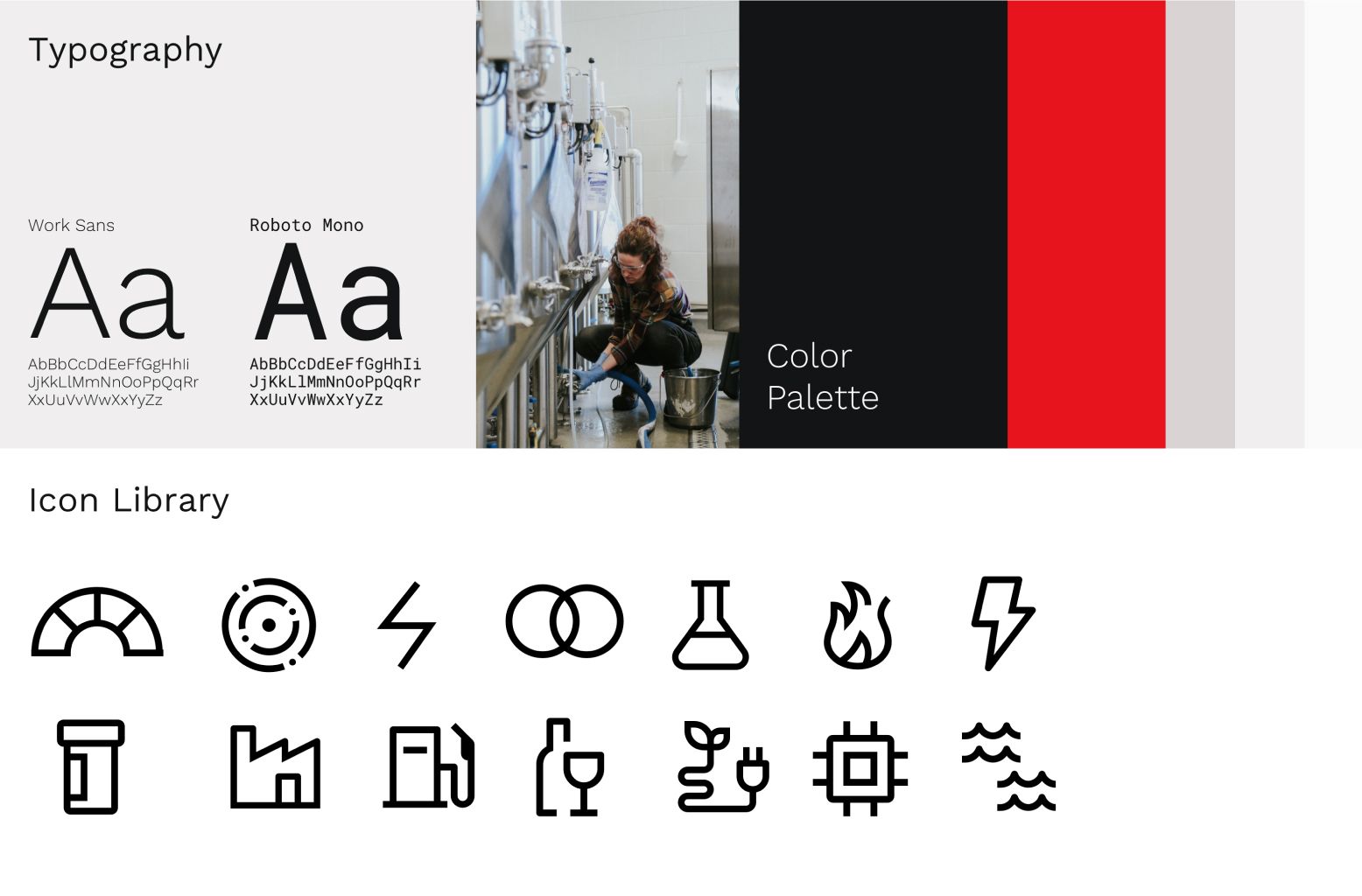 A view of some brand elements from the M4 Knick brand, including the fonts, color palette, and icon library.