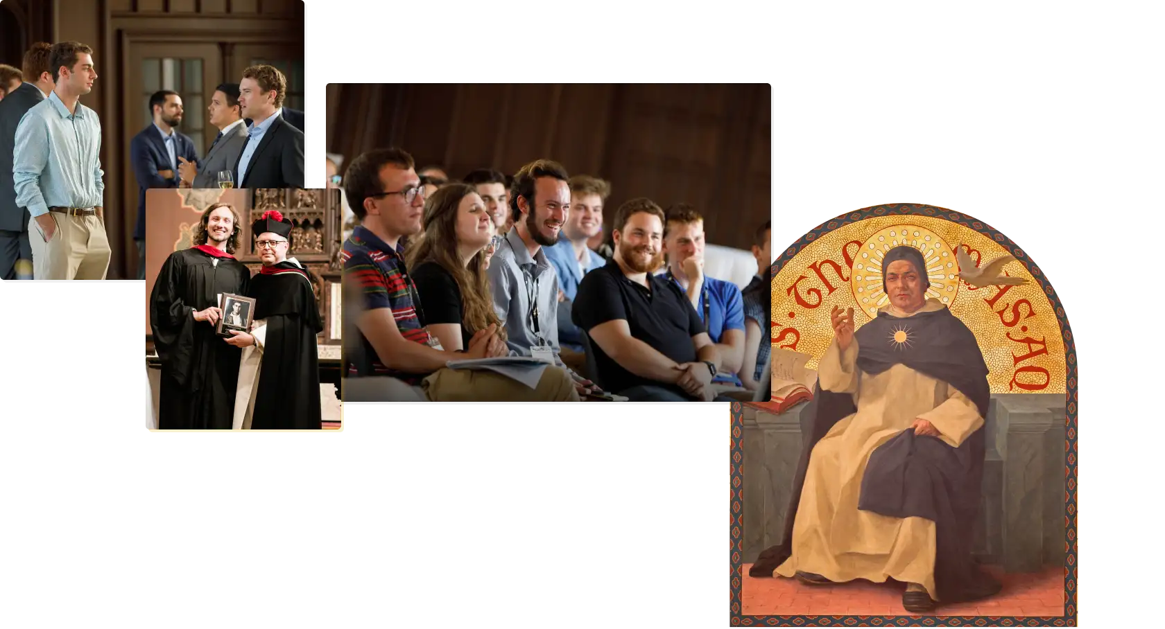 Images of Thomistic institute events and St. Thomas Aquinas