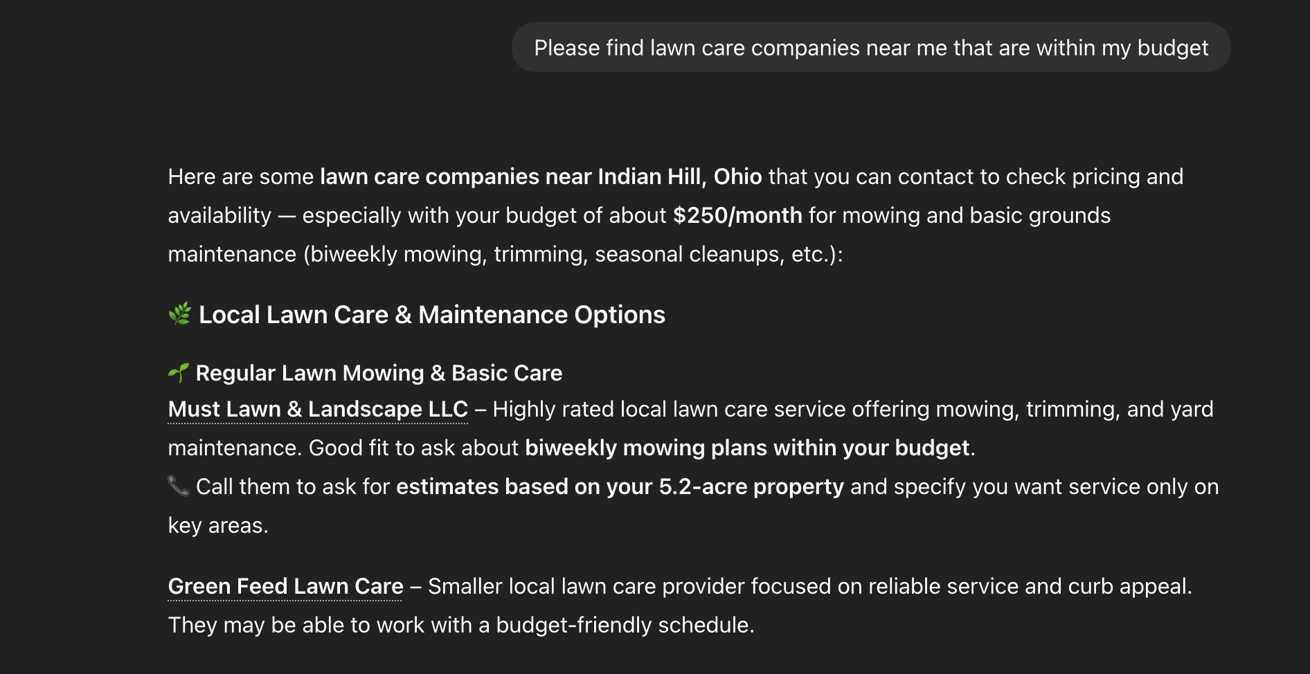 A screenshot of AI search recommendations for lawn care companies