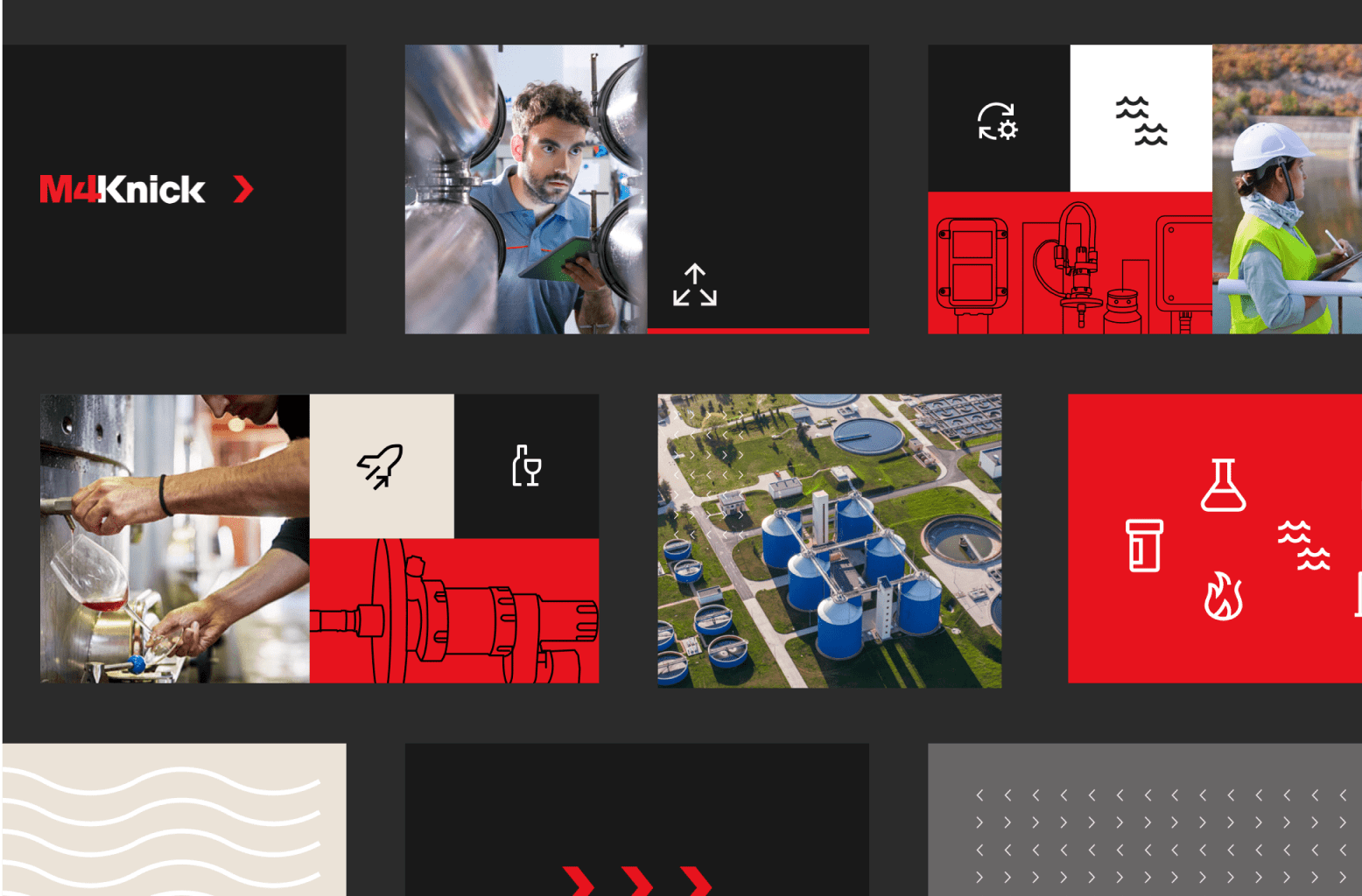 A grid of different views of the M4 Knick brand elements, photography, logo, icons, patterns, and colors.