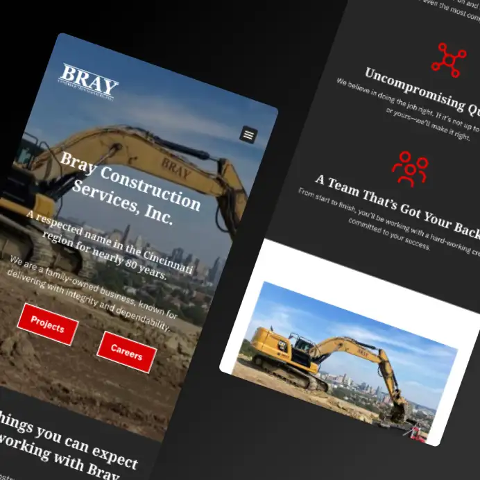 the mobile layout of the bray construction website