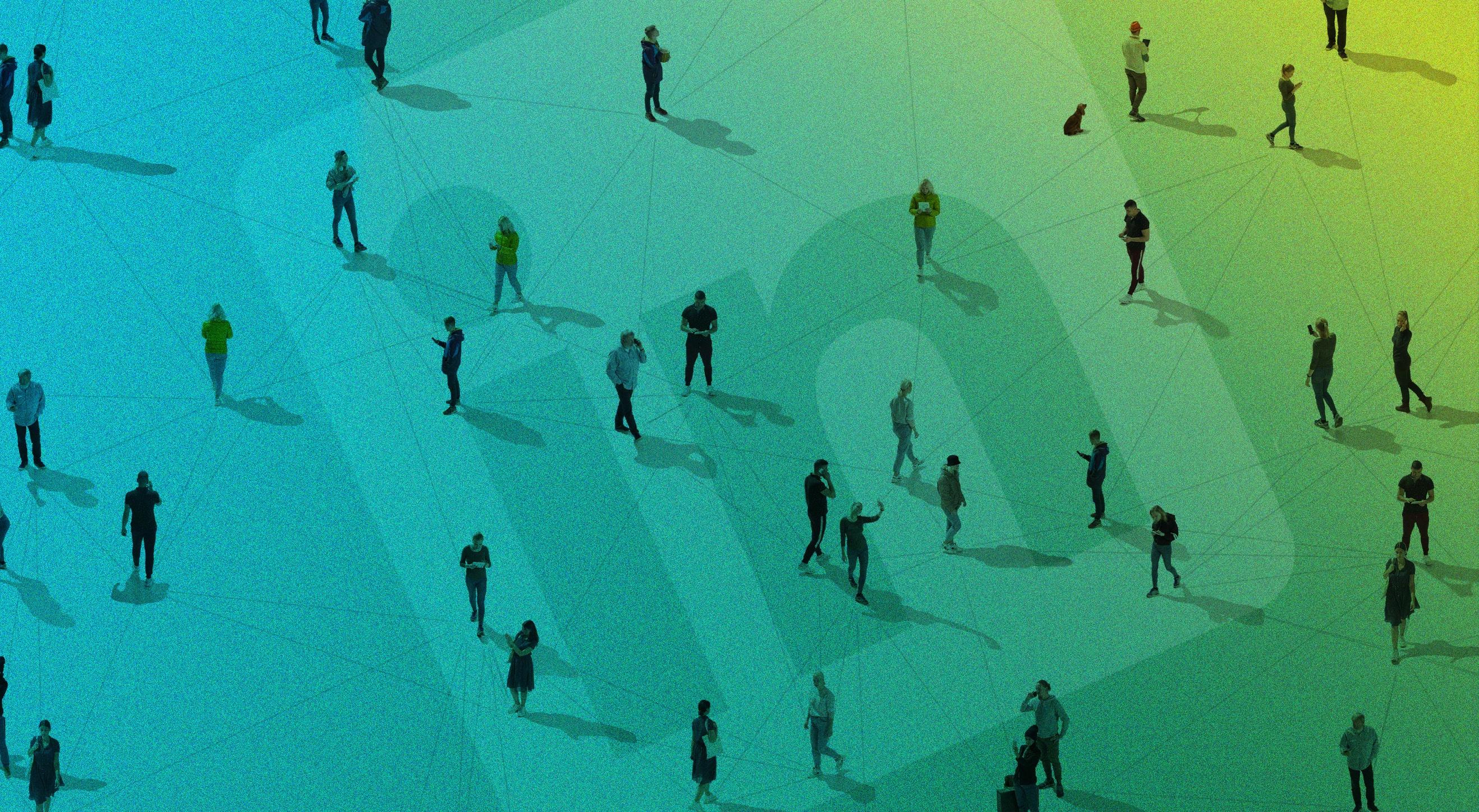 an artistic rendering of a network of people standing atop the LinkedIn logo