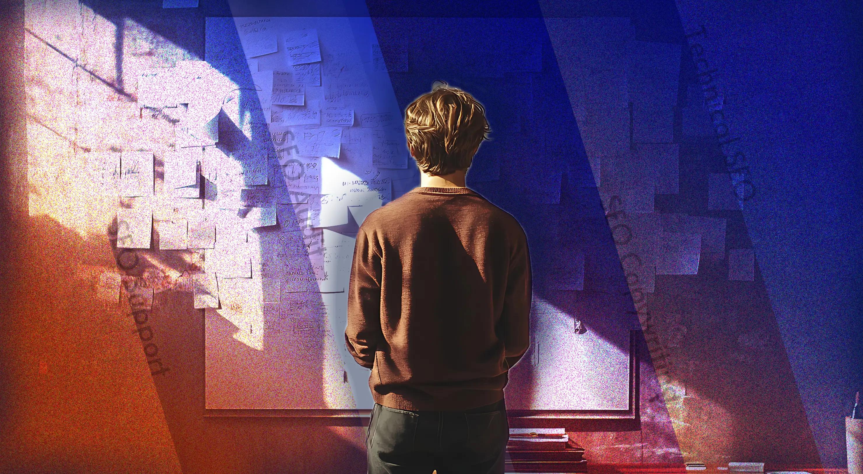 An artistic rendering of a man looking at notes hanging on a wall