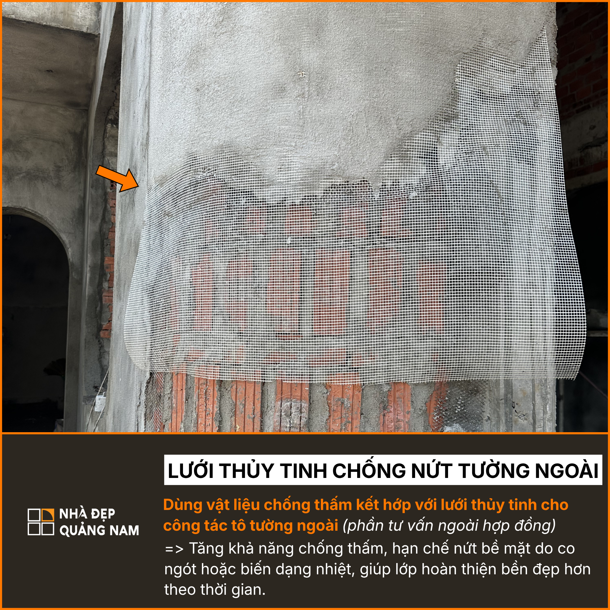 Lưới thủy tinh chống nứt tường ngoài trong thi công tại Nhà Đẹp Quảng Nam