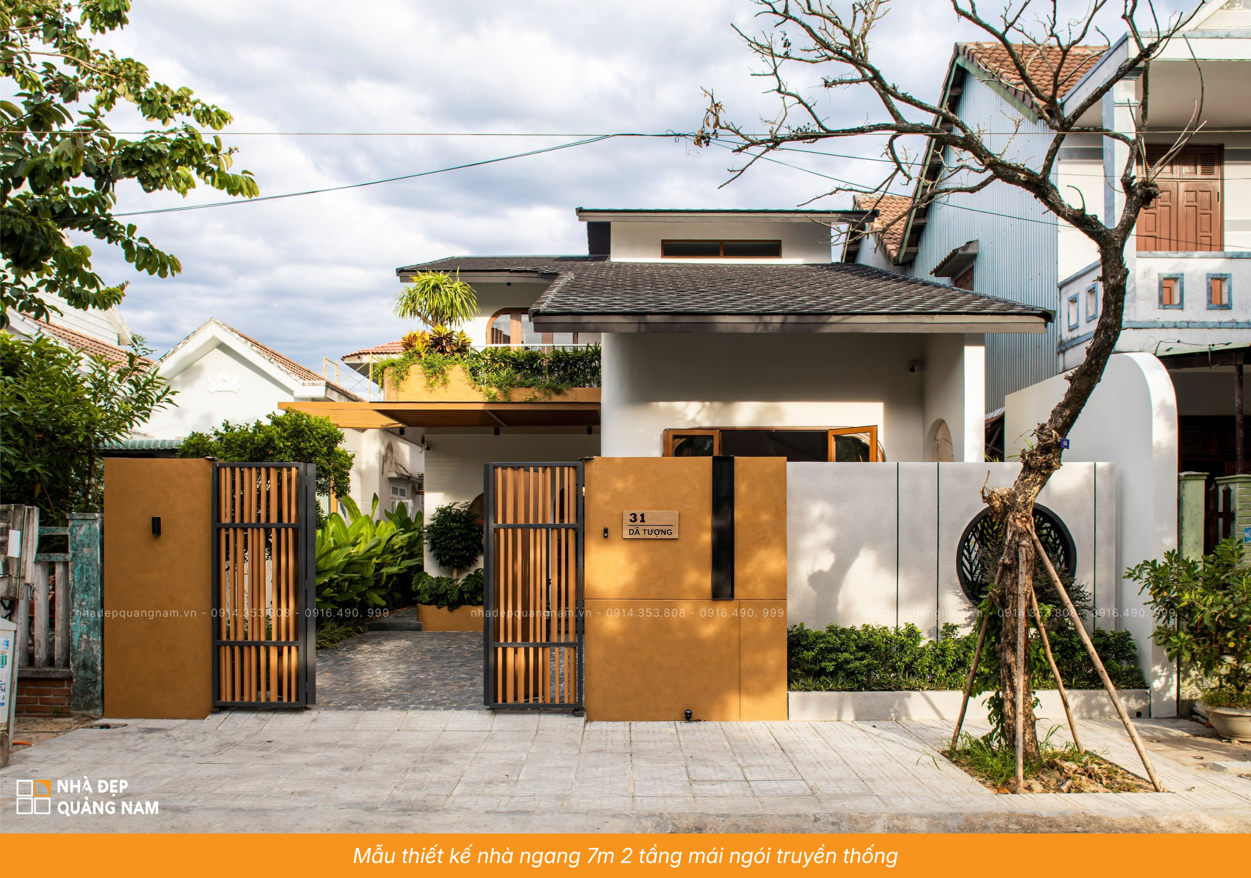 Mẫu thiết kế nhà ngang 7m 2 tầng mái ngói truyền thống