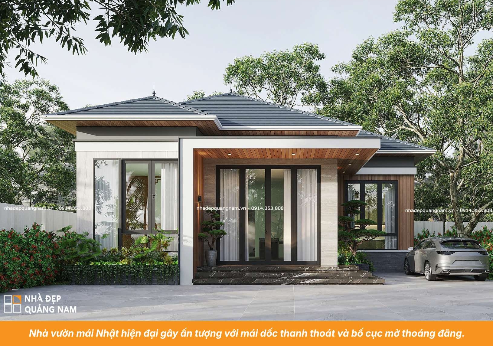 Nhà vườn mái Nhật hiện đại gây ấn tượng với mái dốc thanh thoát và bố cục mở thoáng đãng.