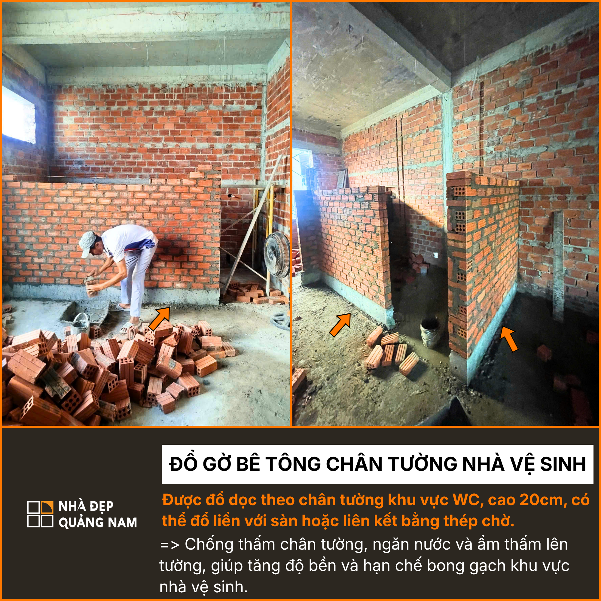 Chống thấm chân tường, ngăn nước và ẩm lên tường bằng đổ gờ bê tông chân tường trong thi công tại Nhà Đẹp Quảng Nam