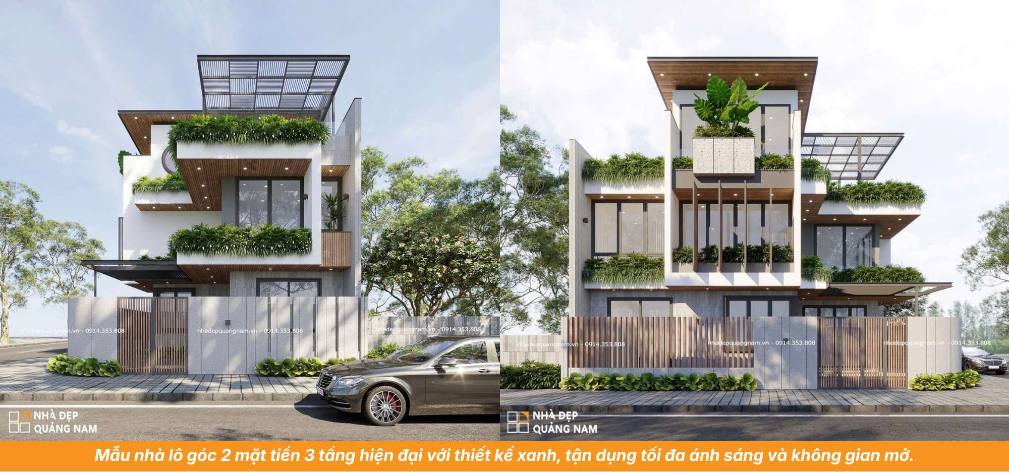 Mẫu nhà lô góc 2 mặt tiền 3 tầng hiện đại với thiết kế xanh, tận dụng tối đa ánh sáng và không gian mở.