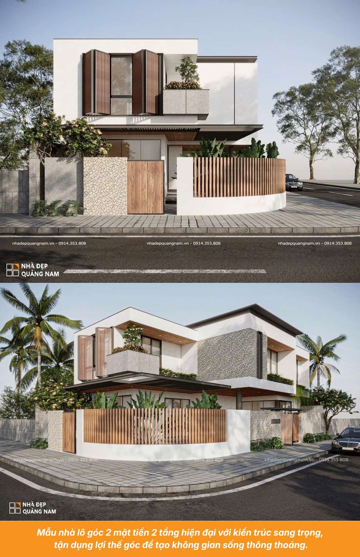 Mẫu nhà lô góc 2 mặt tiền 2 tầng hiện đại với kiến trúc sang trọng,  tận dụng lợi thế góc để tạo không gian sống thông thoáng.