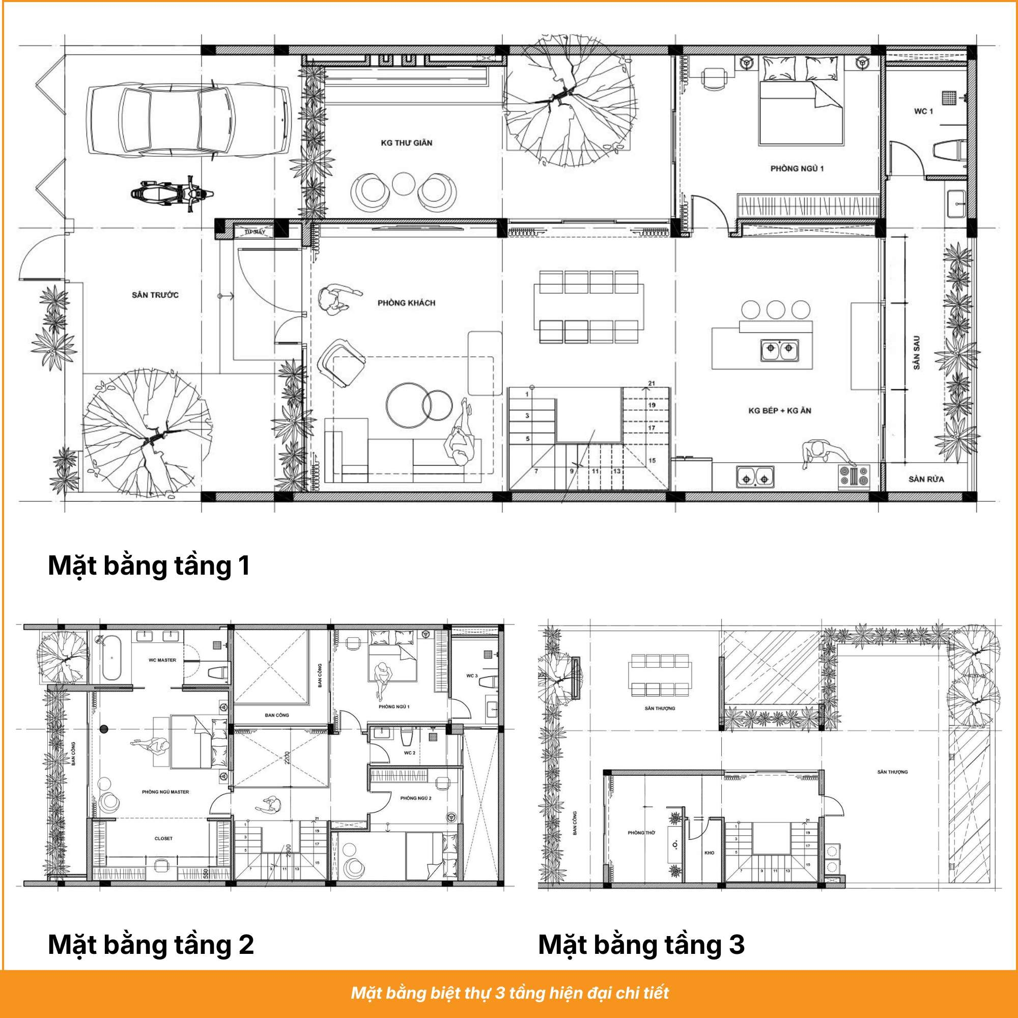 Mặt bằng biệt thự 3 tầng hiện đại chi tiết