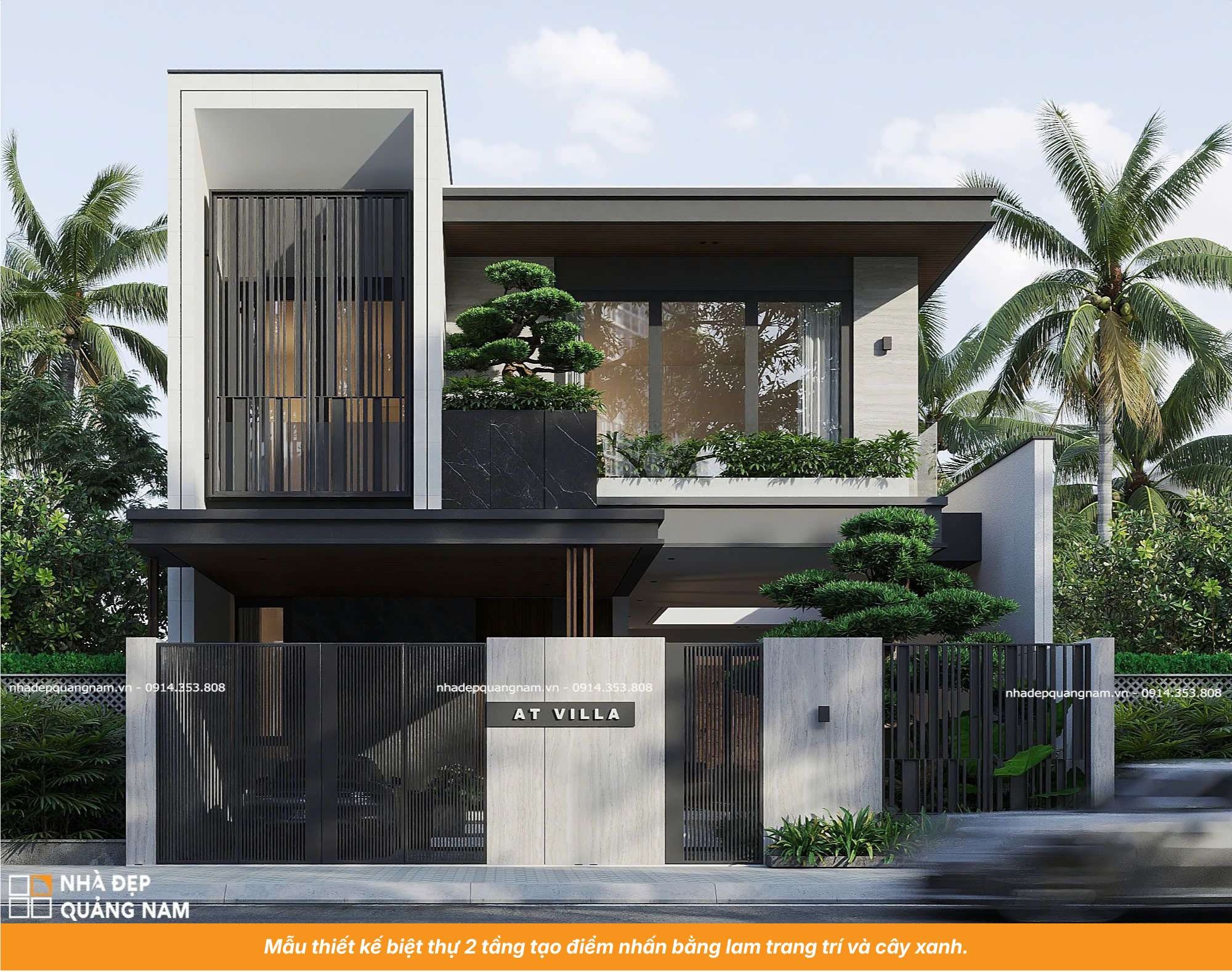Mẫu thiết kế biệt thự 2 tầng tạo điểm nhấn bằng lam trang trí và cây xanh.