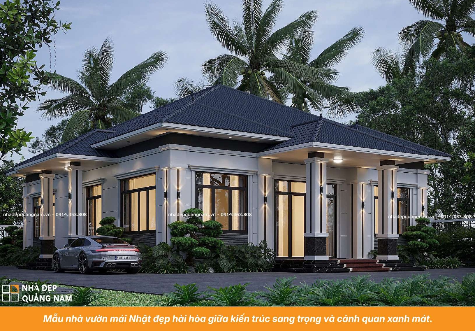 Mẫu nhà vườn mái Nhật đẹp hài hòa giữa kiến trúc sang trọng và cảnh quan xanh mát.