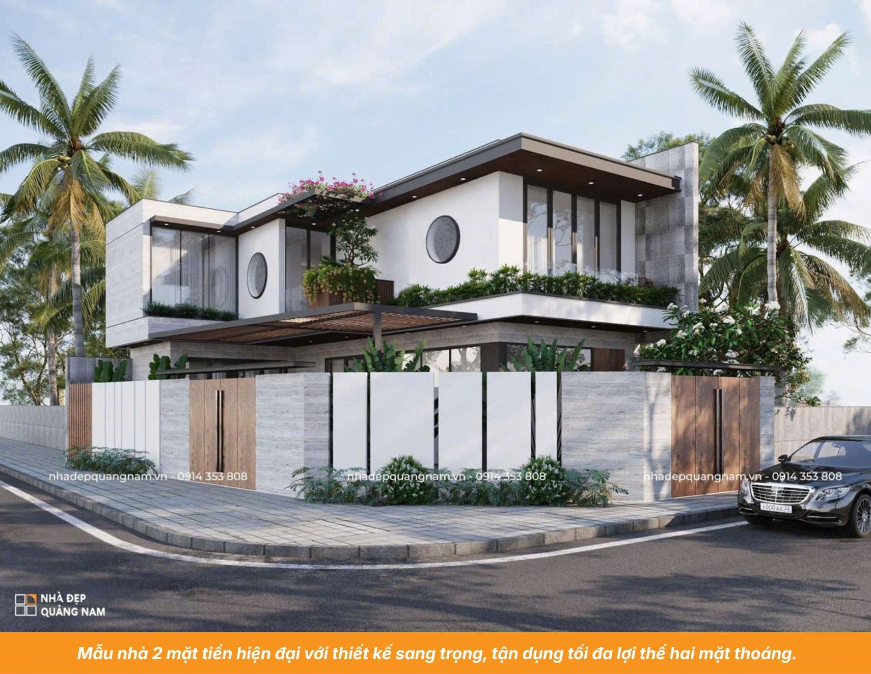 Mẫu nhà 2 mặt tiền hiện đại với thiết kế sang trọng, tận dụng tối đa lợi thế hai mặt thoáng.