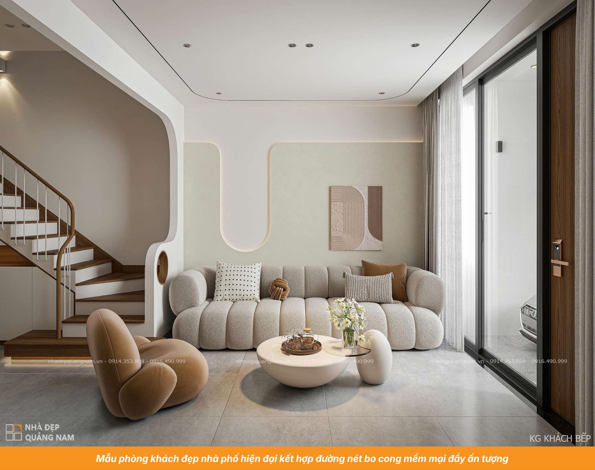 Mẫu phòng khách đẹp nhà phố hiện đại kết hợp đường nét bo cong mềm mại đầy ấn tượng