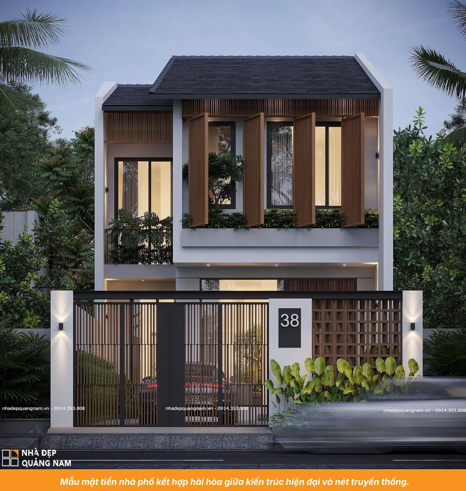 Mẫu mặt tiền nhà phố kết hợp hài hòa giữa kiến trúc hiện đại và nét truyền thống.