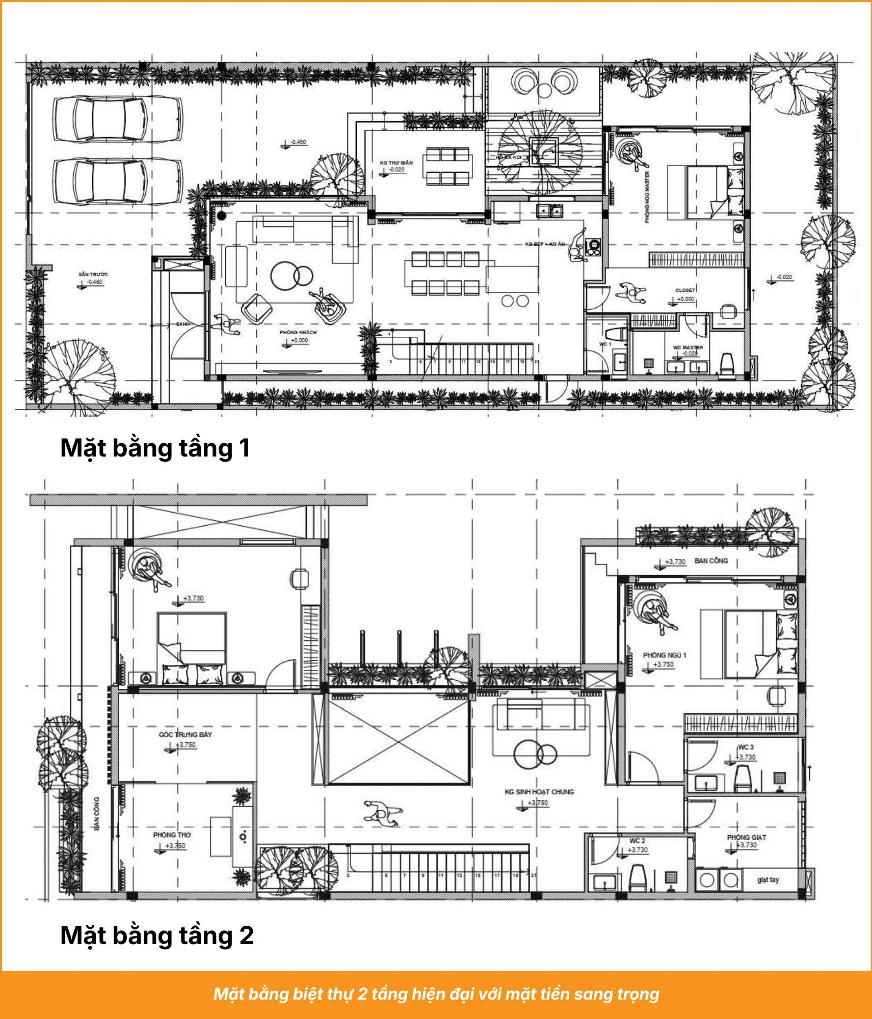Mặt bằng biệt thự 2 tầng hiện đại với mặt tiền sang trọng