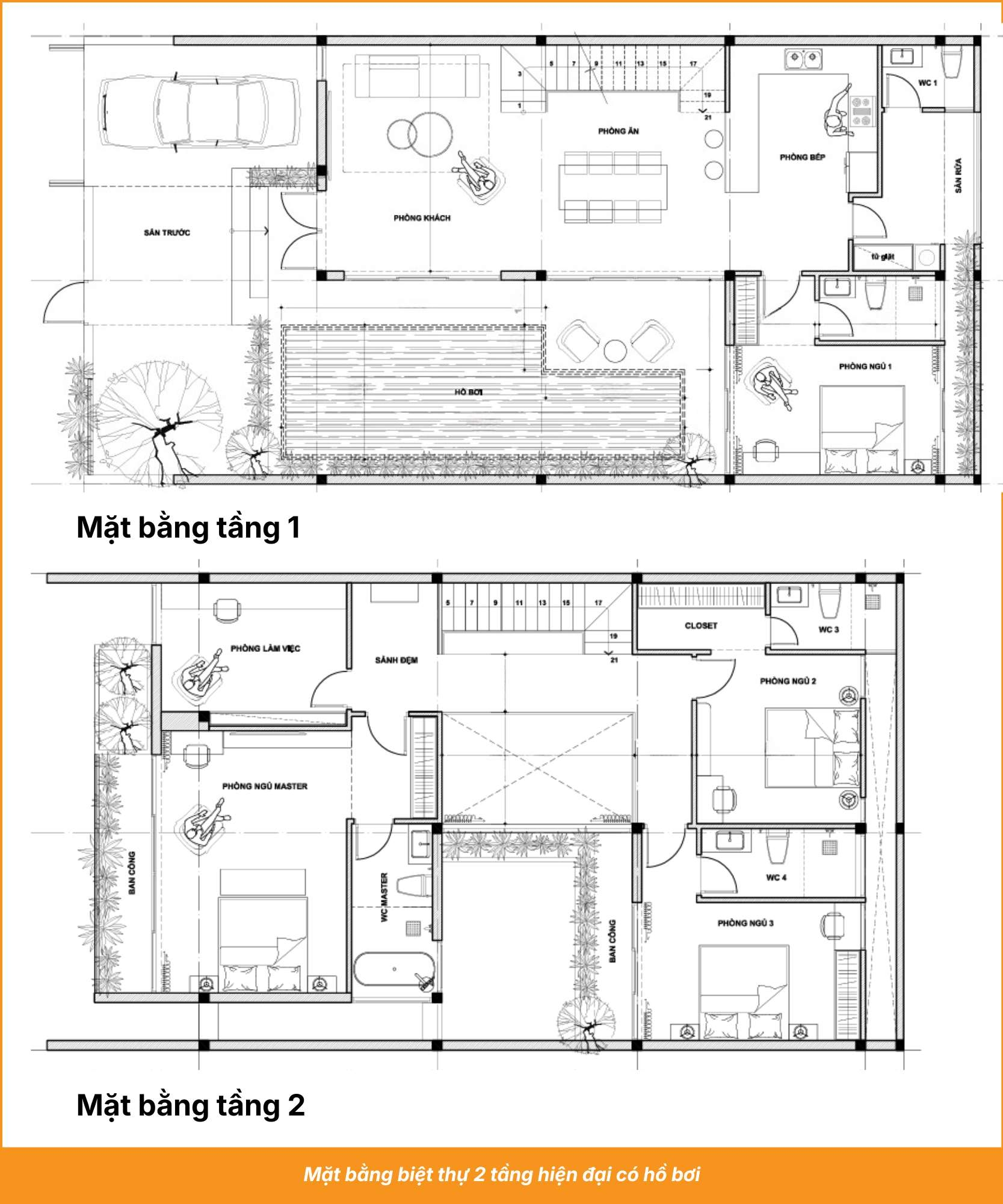 Mặt bằng biệt thự 2 tầng hiện đại có hồ bơi
