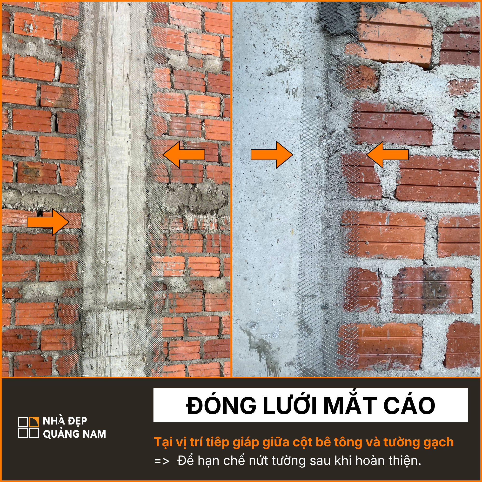 Đóng lưới mắt cáo để chống nứt tường trong thi công tại Nhà Đẹp Quảng Nam