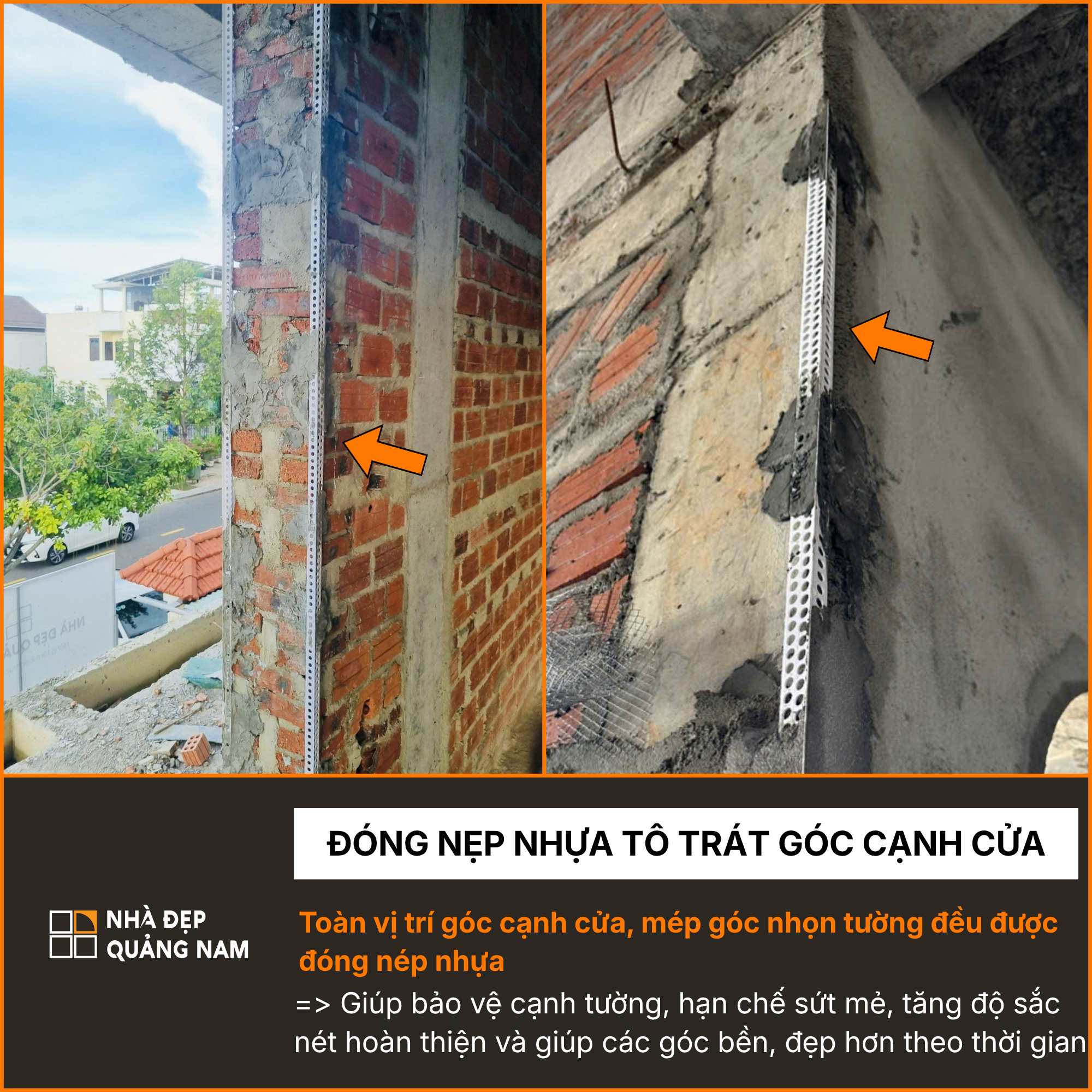 Đóng nẹp nhựa tô trát góc cạnh cửa trong thi công tại Nhà Đẹp Quảng Nam