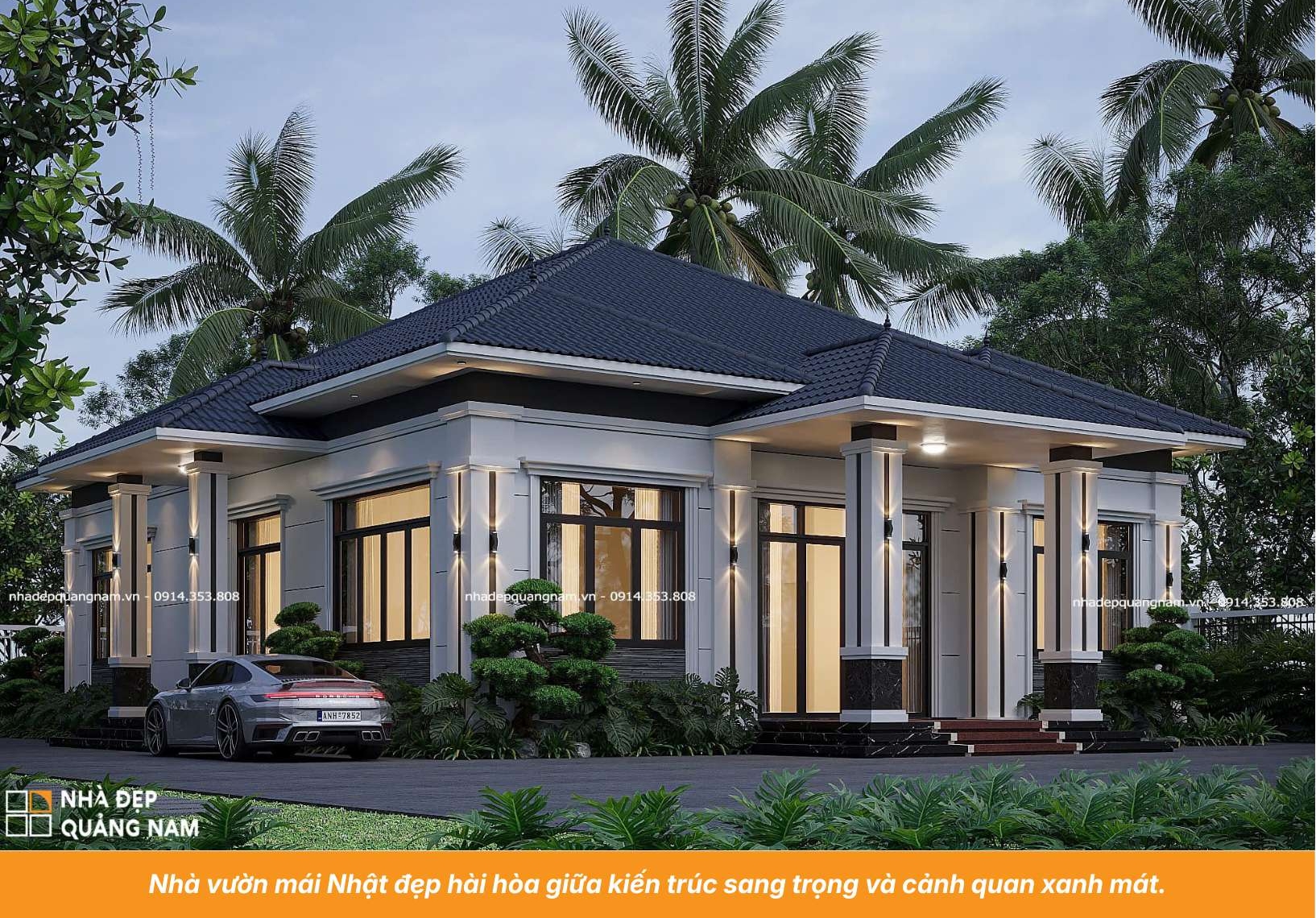 Nhà vườn mái Nhật đẹp hài hòa giữa kiến trúc sang trọng và cảnh quan xanh mát.