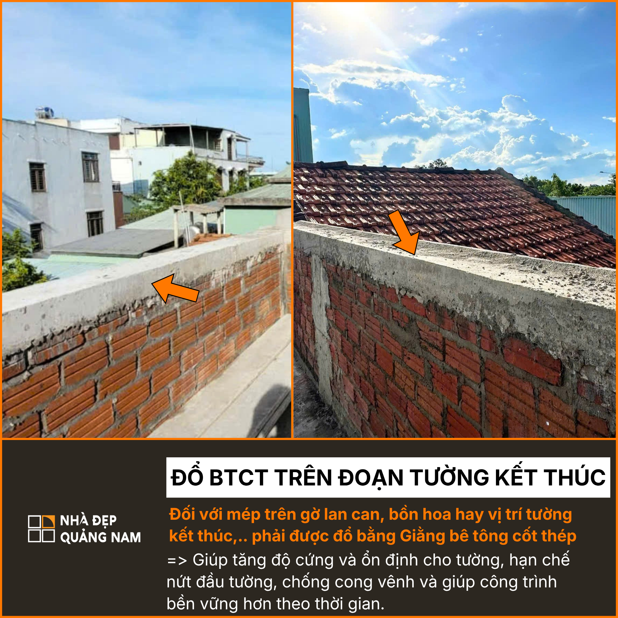 Đổ bê tông cốt thép trên đoạn tường kết thúc trong thi công tại Nhà Đẹp Quảng Nam