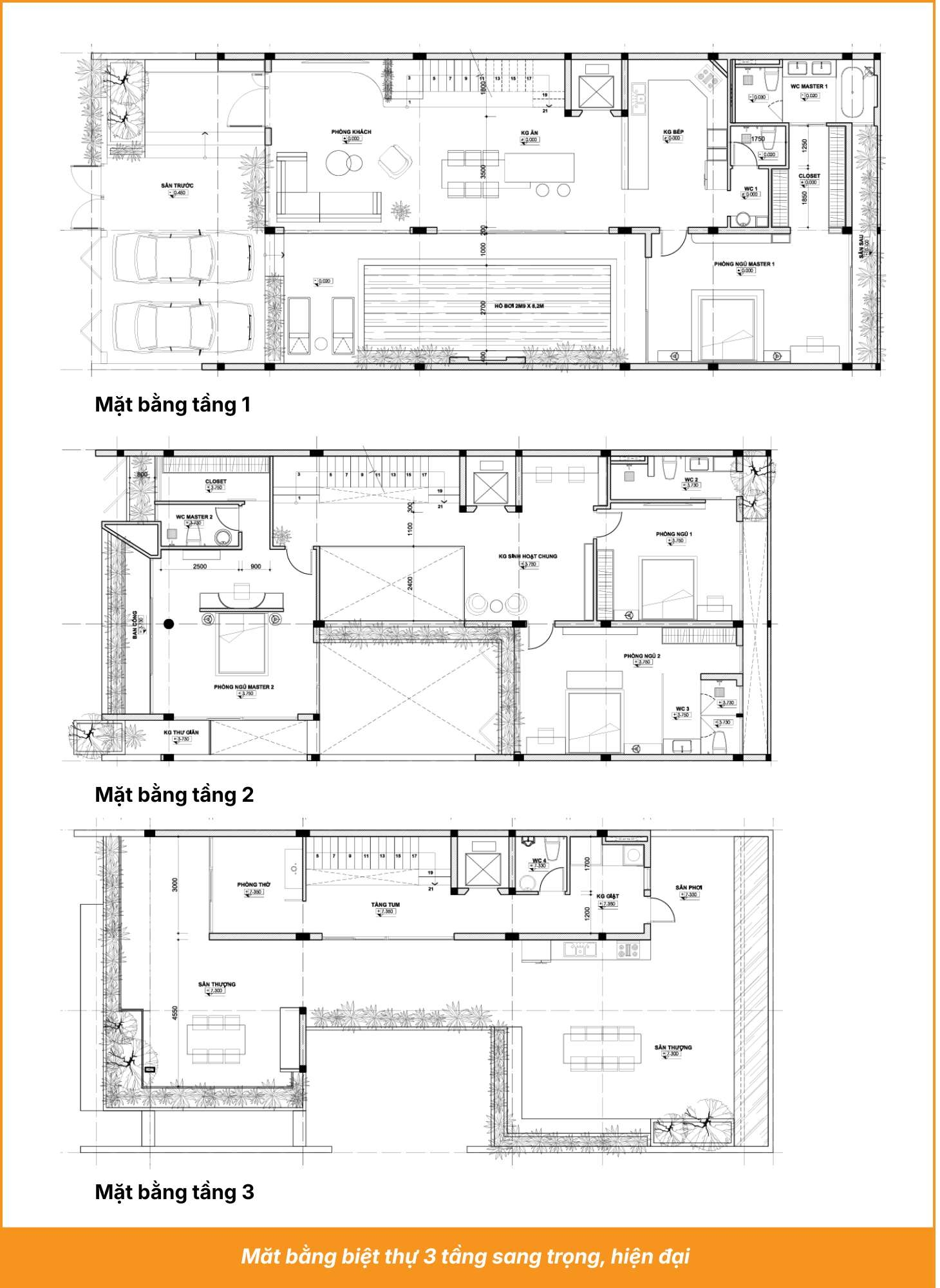Măt bằng biệt thự 3 tầng sang trọng, hiện đại