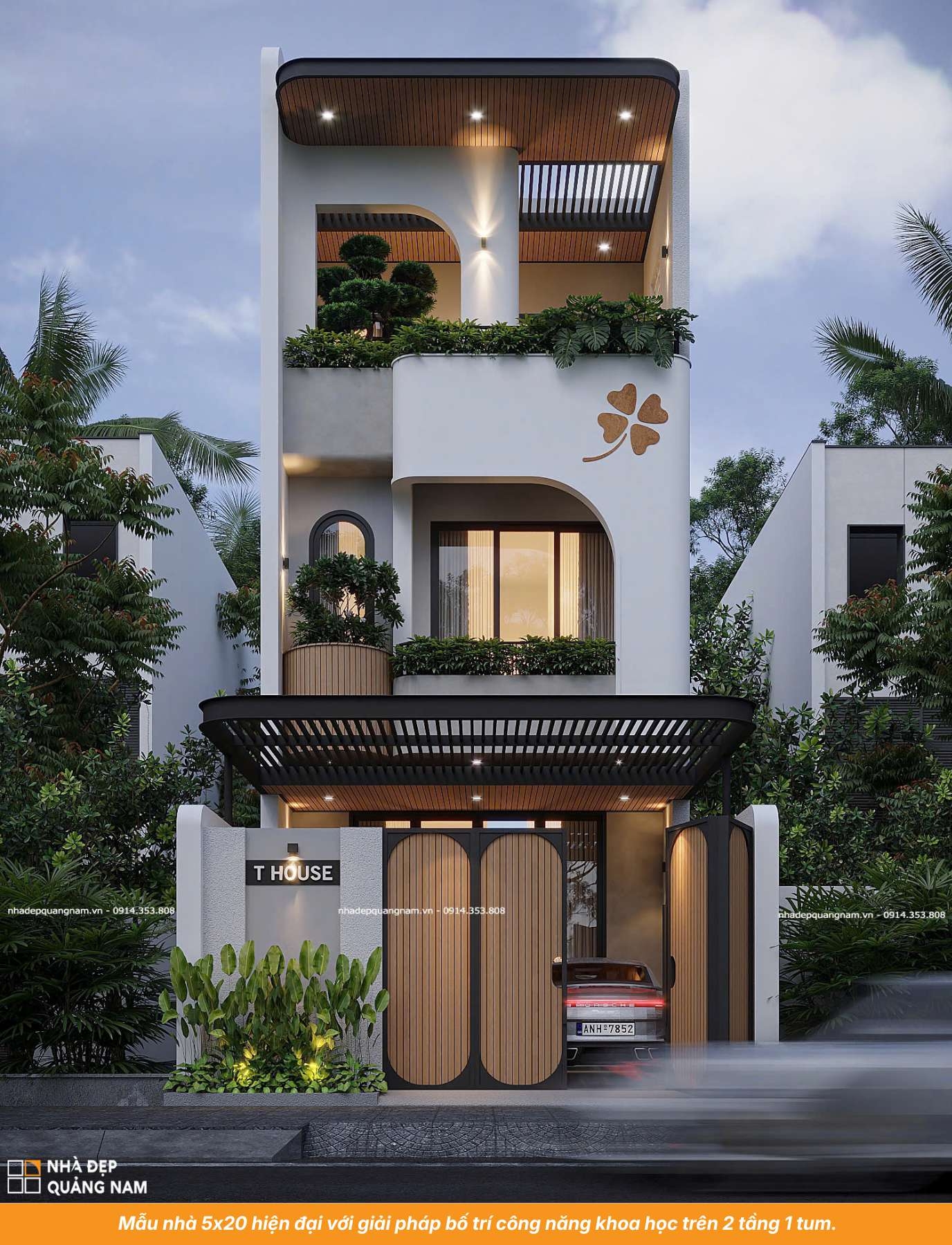 Mẫu nhà 5x20 hiện đại với giải pháp bố trí công năng khoa học trên 2 tầng 1 tum.