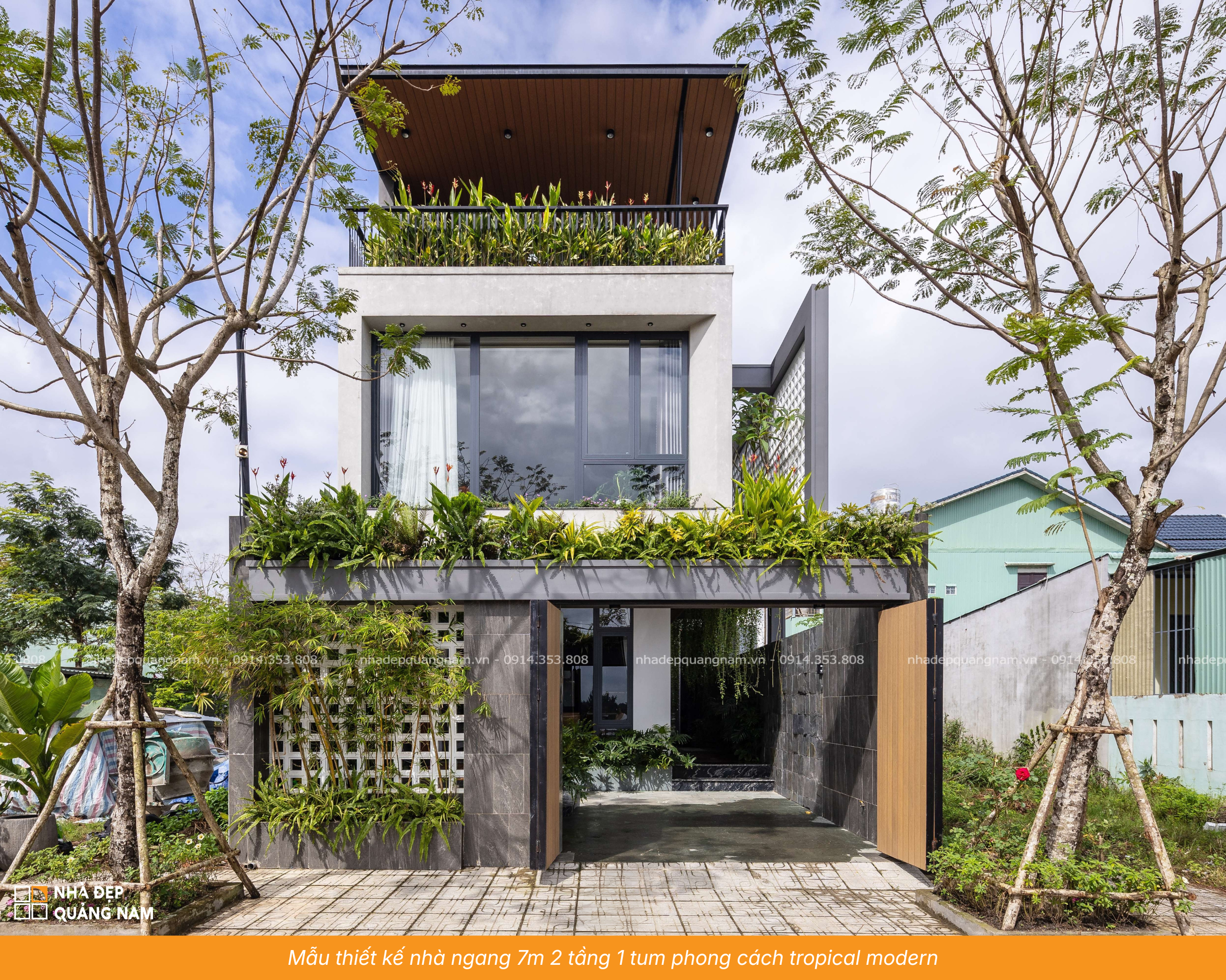 Mẫu thiết kế nhà ngang 7m 2 tầng 1 tum phong cách tropical modern