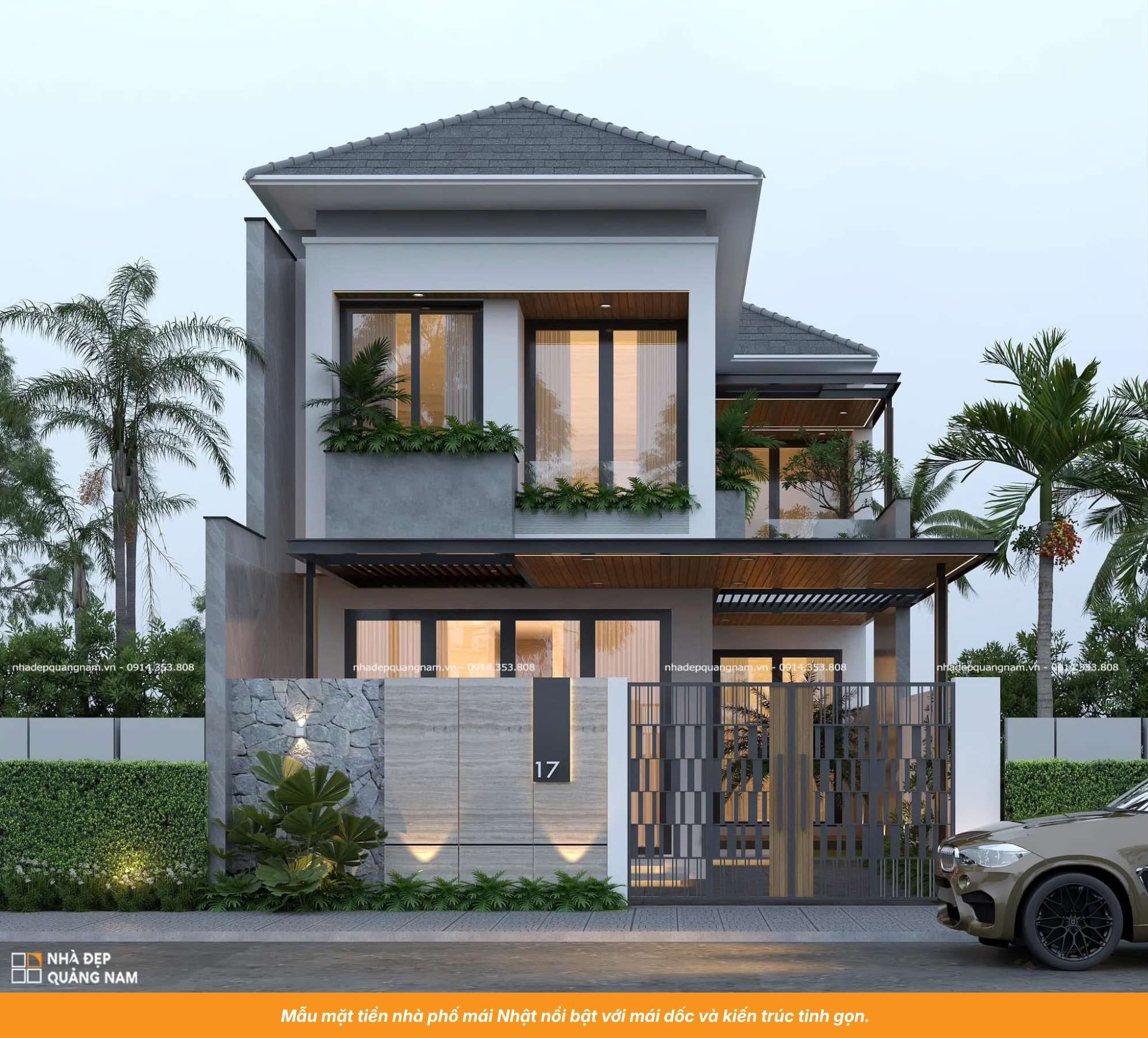Mẫu mặt tiền nhà phố mái Nhật nổi bật với mái dốc và kiến trúc tinh gọn.