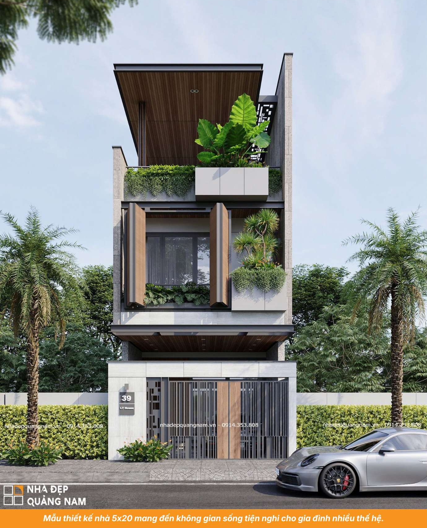 Mẫu thiết kế nhà 5x20 mang đến không gian sống tiện nghi cho gia đình nhiều thế hệ.