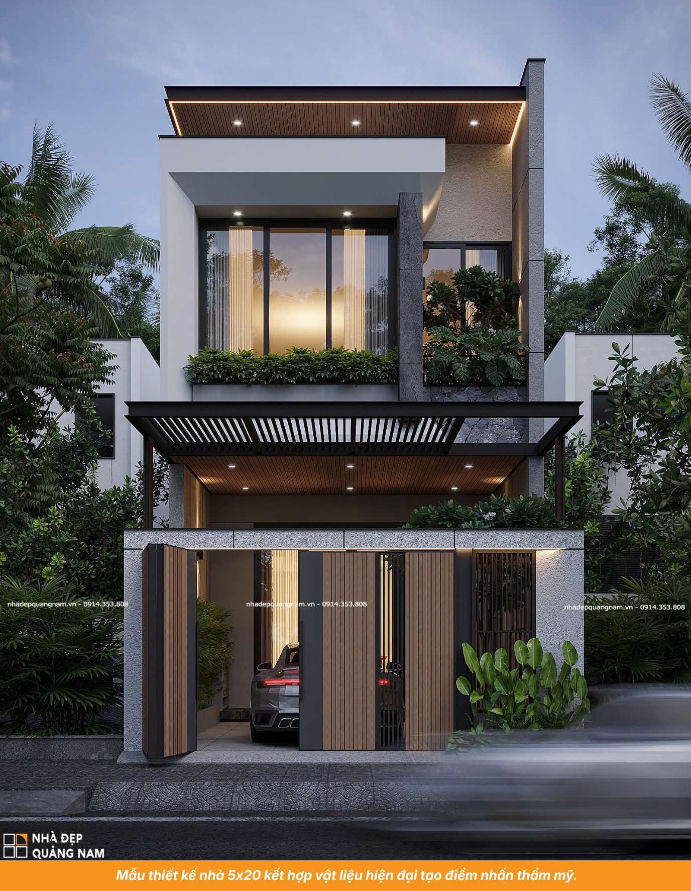 Mẫu thiết kế nhà 5x20 kết hợp vật liệu hiện đại tạo điểm nhấn thẩm mỹ.