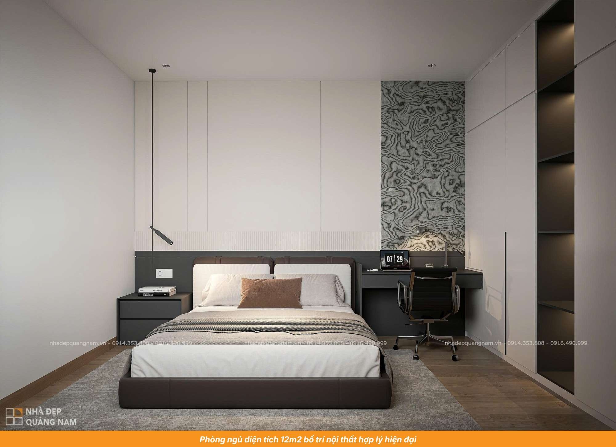 Phòng ngủ diện tích 12m2 bố trí nội thất hợp lý hiện đại