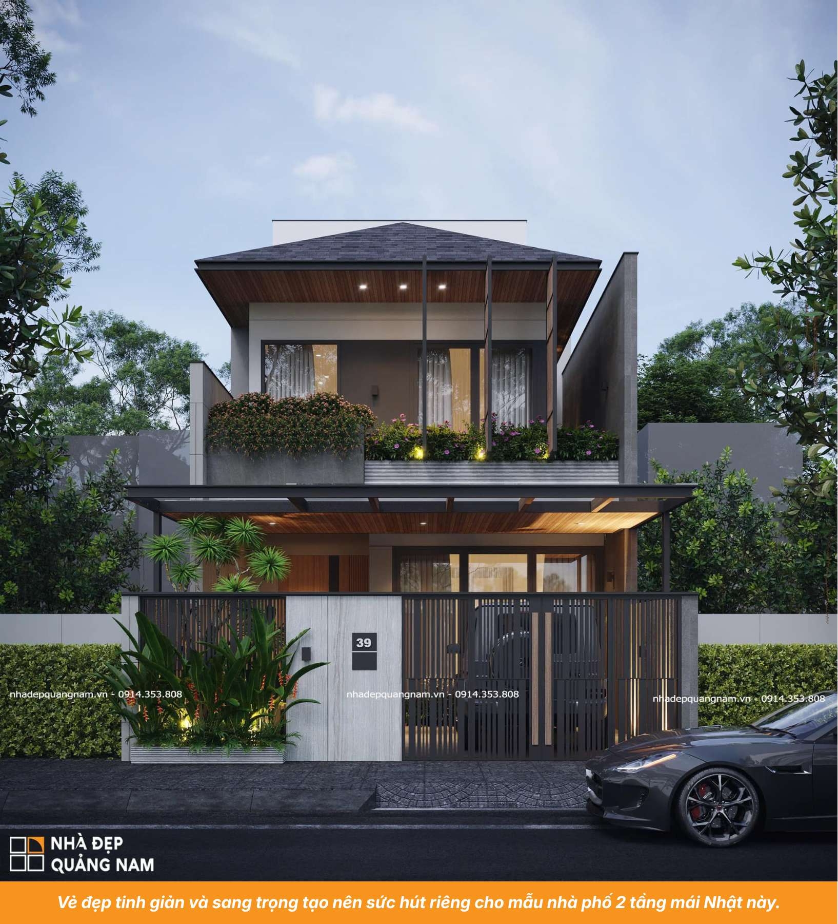 Vẻ đẹp tinh giản và sang trọng tạo nên sức hút riêng cho mẫu nhà phố 2 tầng mái Nhật này.
