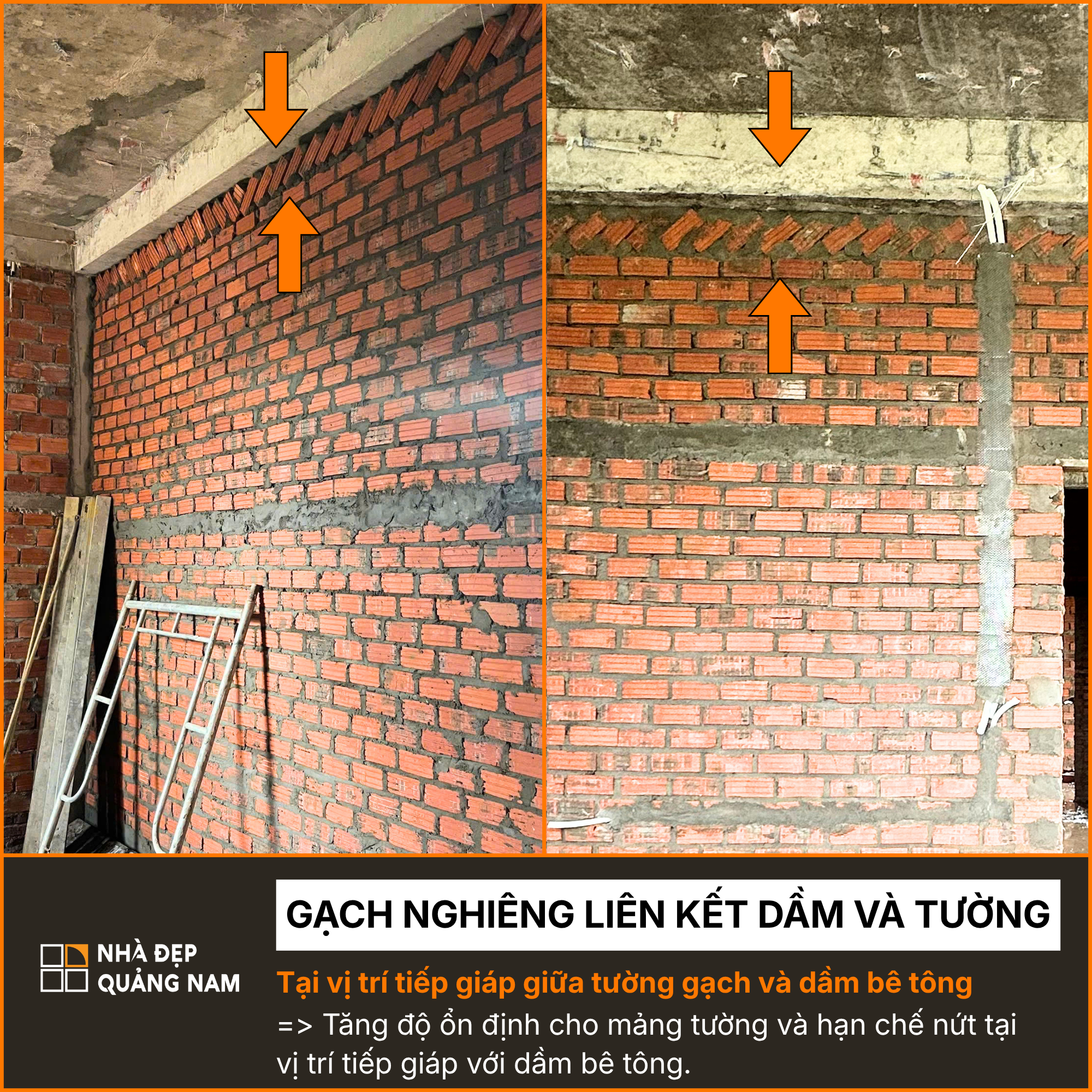 Xây gạch nghiêng hạn chế nứt tại dầm và tường trong thi công tại Nhà Đẹp Quảng Nam