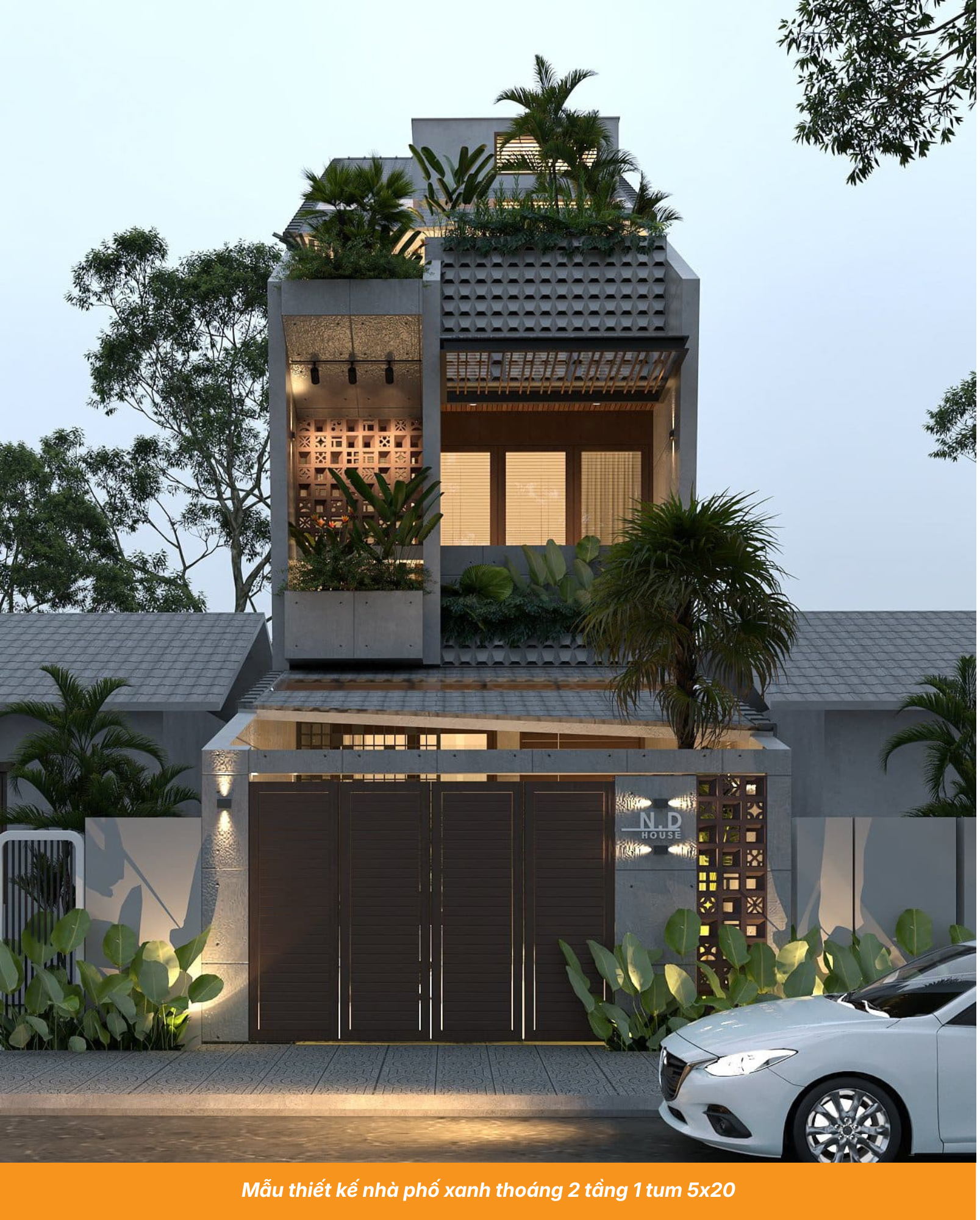 Mẫu thiết kế nhà phố xanh thoáng 2 tầng 1 tum 5x20