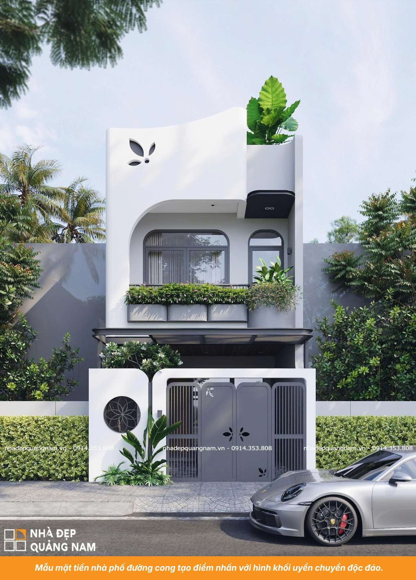 Mẫu mặt tiền nhà phố đường cong tạo điểm nhấn với hình khối uyển chuyển độc đáo.
