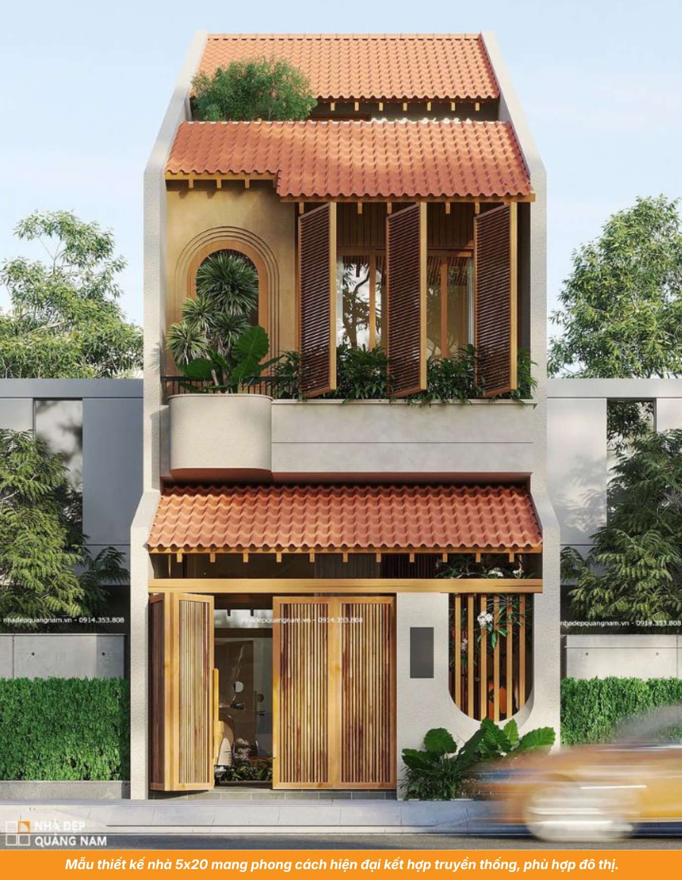 Mẫu thiết kế nhà 5x20 mang phong cách hiện đại kết hợp truyền thống, phù hợp đô thị.