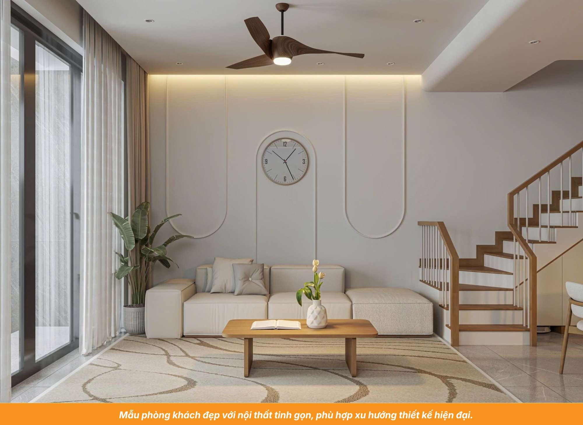 Mẫu phòng khách đẹp với nội thất tinh gọn, phù hợp xu hướng thiết kế hiện đại.