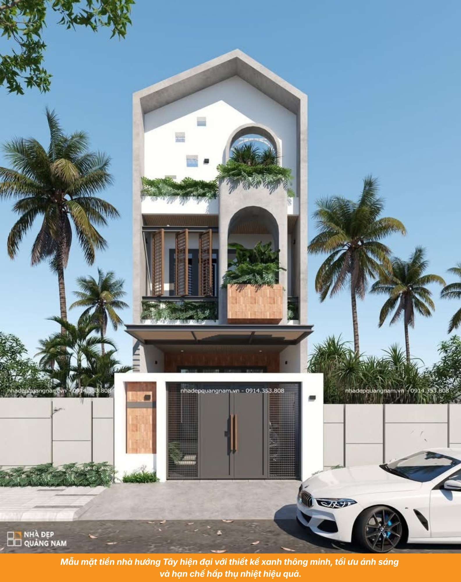 Mẫu mặt tiền nhà hướng Tây hiện đại với thiết kế xanh thông minh, tối ưu ánh sáng  và hạn chế hấp thụ nhiệt hiệu quả.