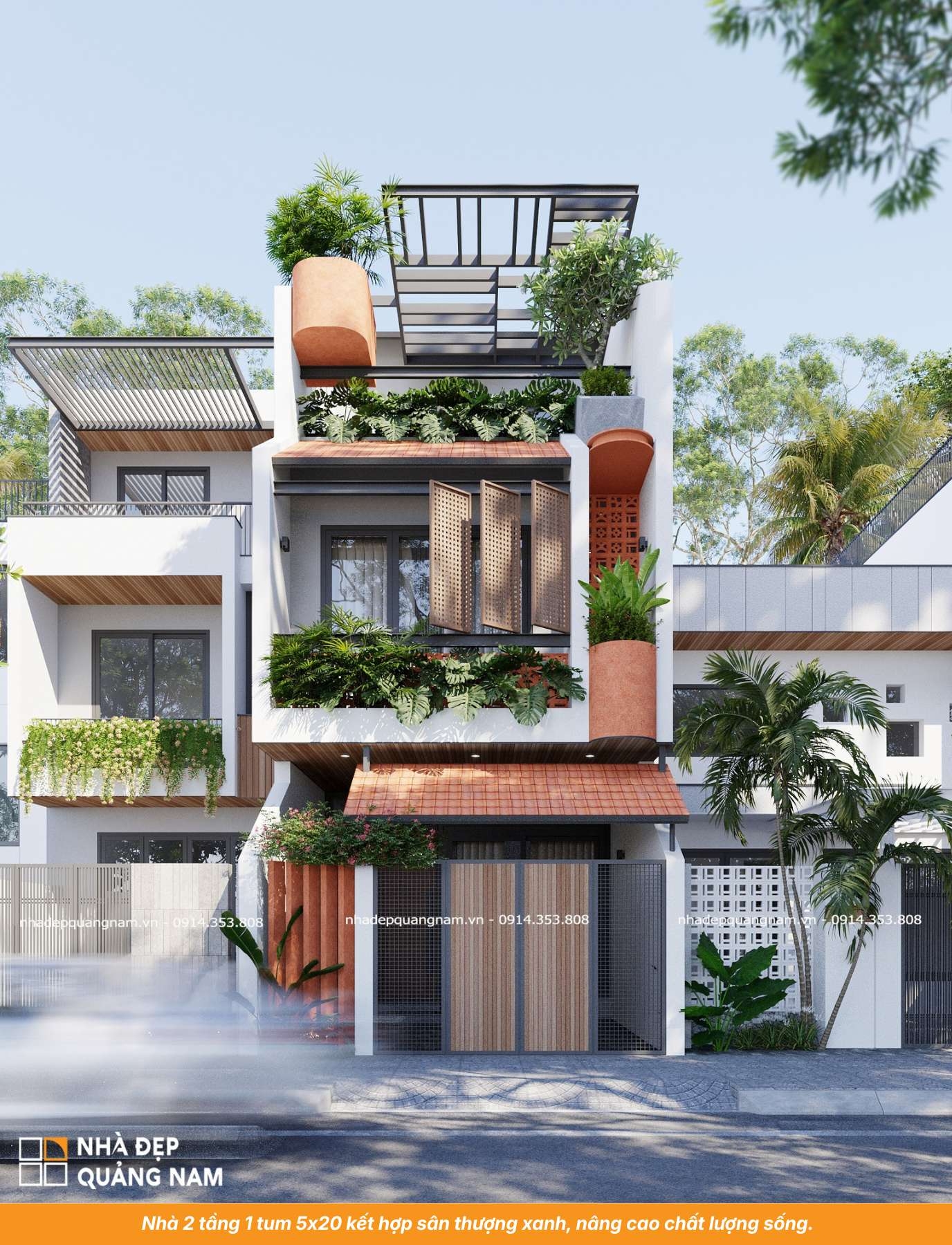 Nhà 2 tầng 1 tum 5x20 kết hợp sân thượng xanh, nâng cao chất lượng sống.