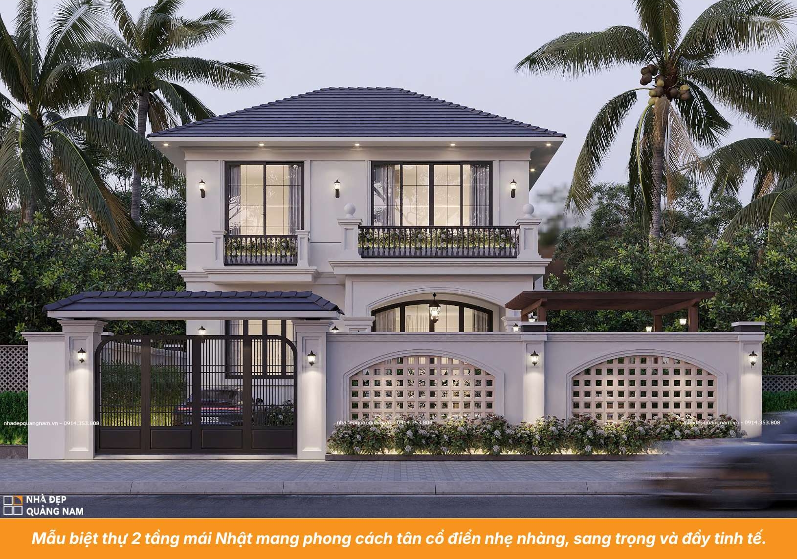 Mẫu biệt thự 2 tầng mái Nhật mang phong cách tân cổ điển nhẹ nhàng, sang trọng và đầy tinh tế.