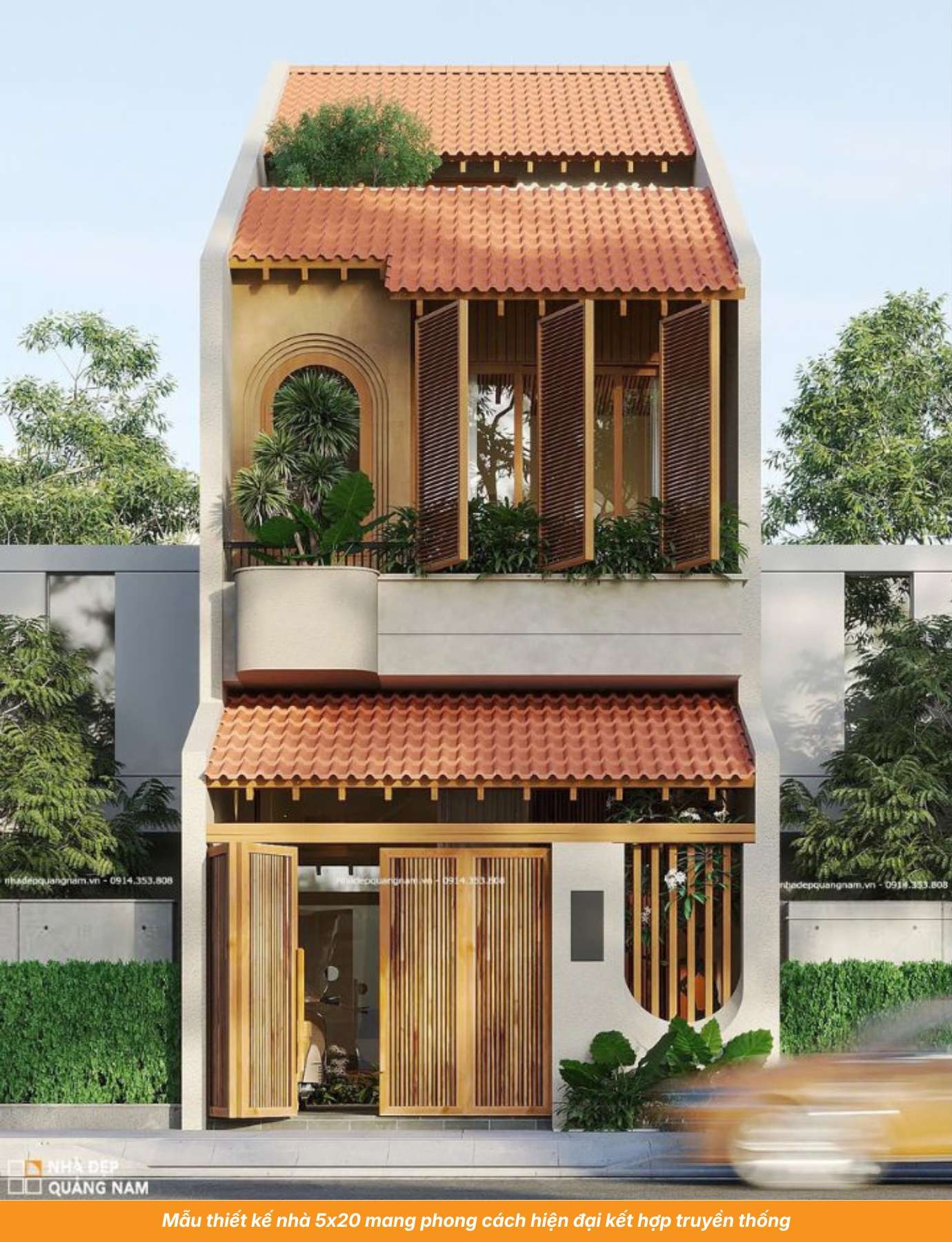 Mẫu thiết kế nhà 5x20 mang phong cách hiện đại kết hợp truyền thống