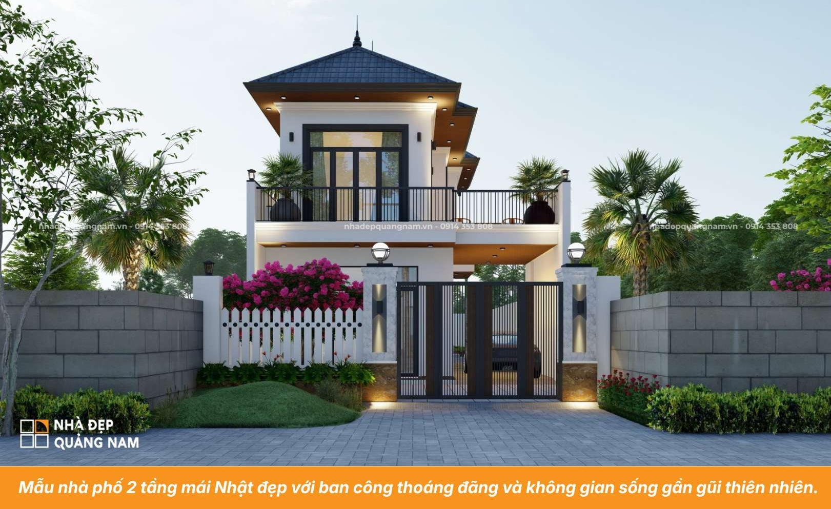 Mẫu nhà phố 2 tầng mái Nhật đẹp với ban công thoáng đãng và không gian sống gần gũi thiên nhiên.