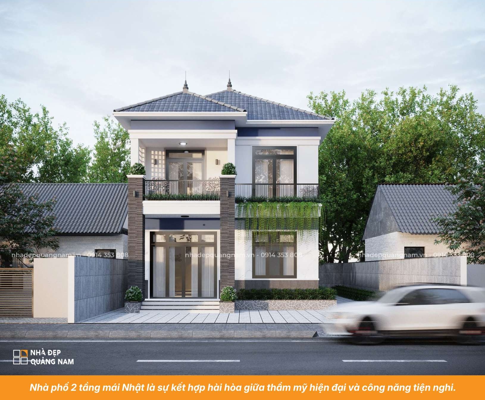 Nhà phố 2 tầng mái Nhật là sự kết hợp hài hòa giữa thẩm mỹ hiện đại và công năng tiện nghi.