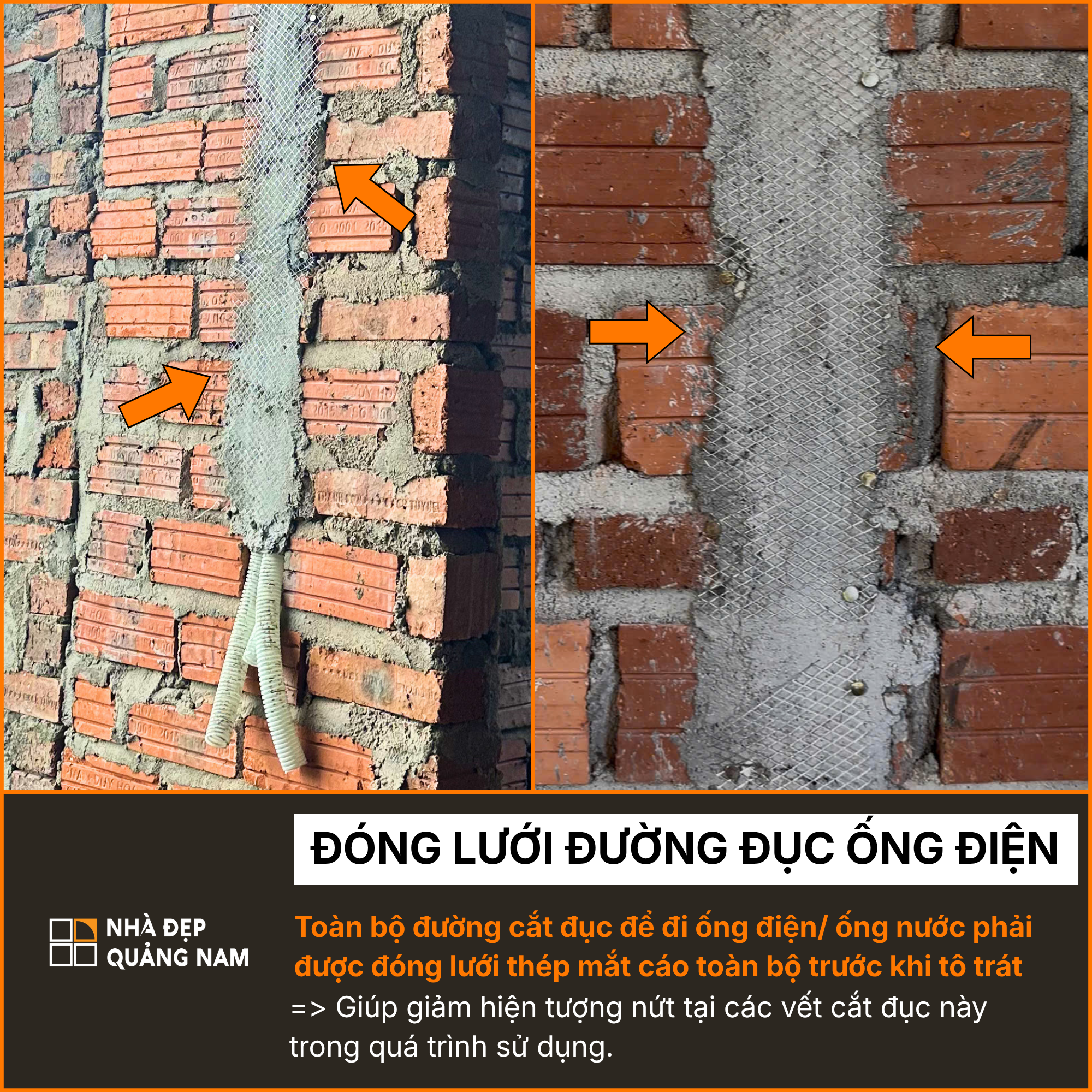 Đóng lưới mắt cáo tại đường ống điện nước trong thi công tại Nhà Đẹp Quảng Nam