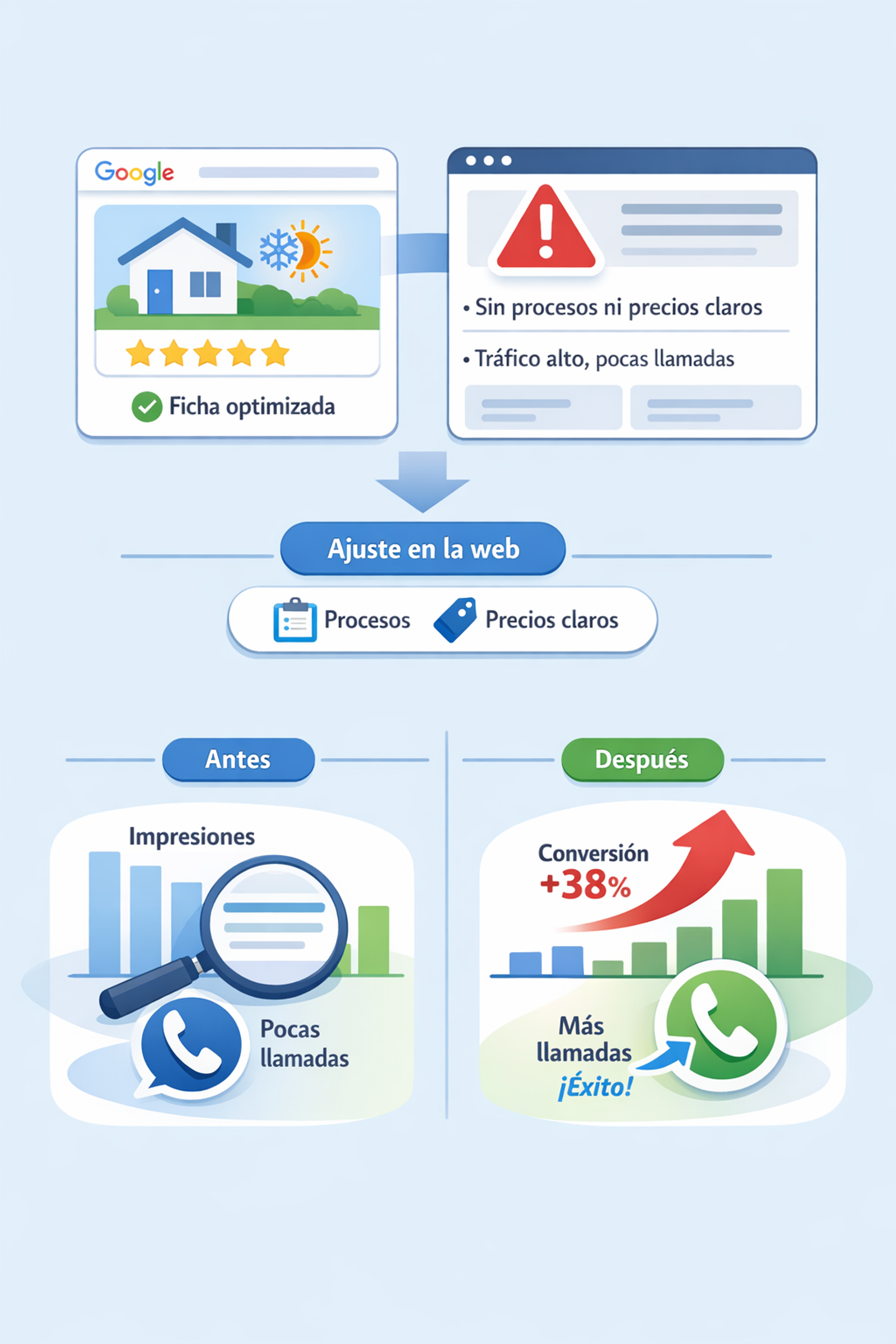 empresa de climatización, la ficha estaba bien optimizada. Pero la web no explicaba procesos ni precios aproximados.