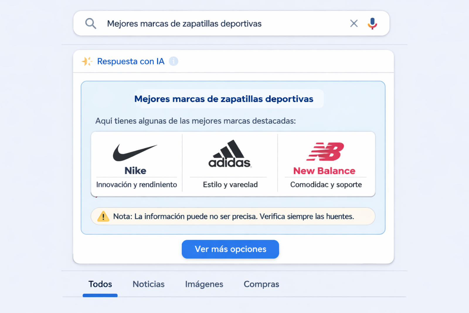 Interfaz de buscador con respuesta generativa mostrando solo 2-3 marcas destacadas en un resumen de IA.