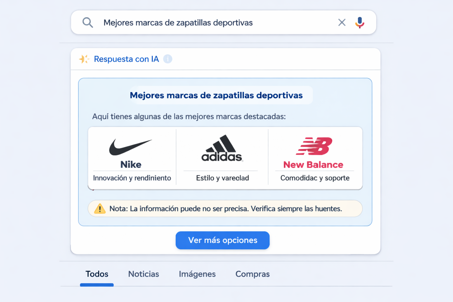Interfaz de buscador con respuesta generativa mostrando solo 2-3 marcas destacadas en un resumen de IA.