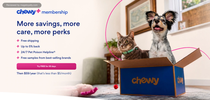 Chewy+ membership page: free shipping, up to 5% back, 24/7 Pet Poison Helpline and free samples, a 30 day free trial and then $59 a year