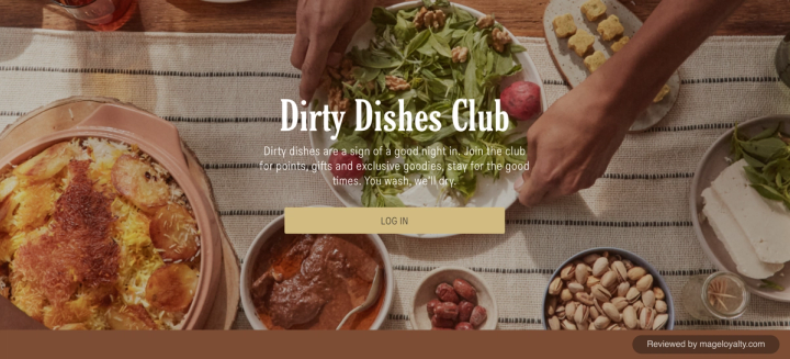 Dirty Dishes Club page header: Dirty dishes are a sign of a good night in, join the club for points, gifts and exclusive goodies, with a Log in button
